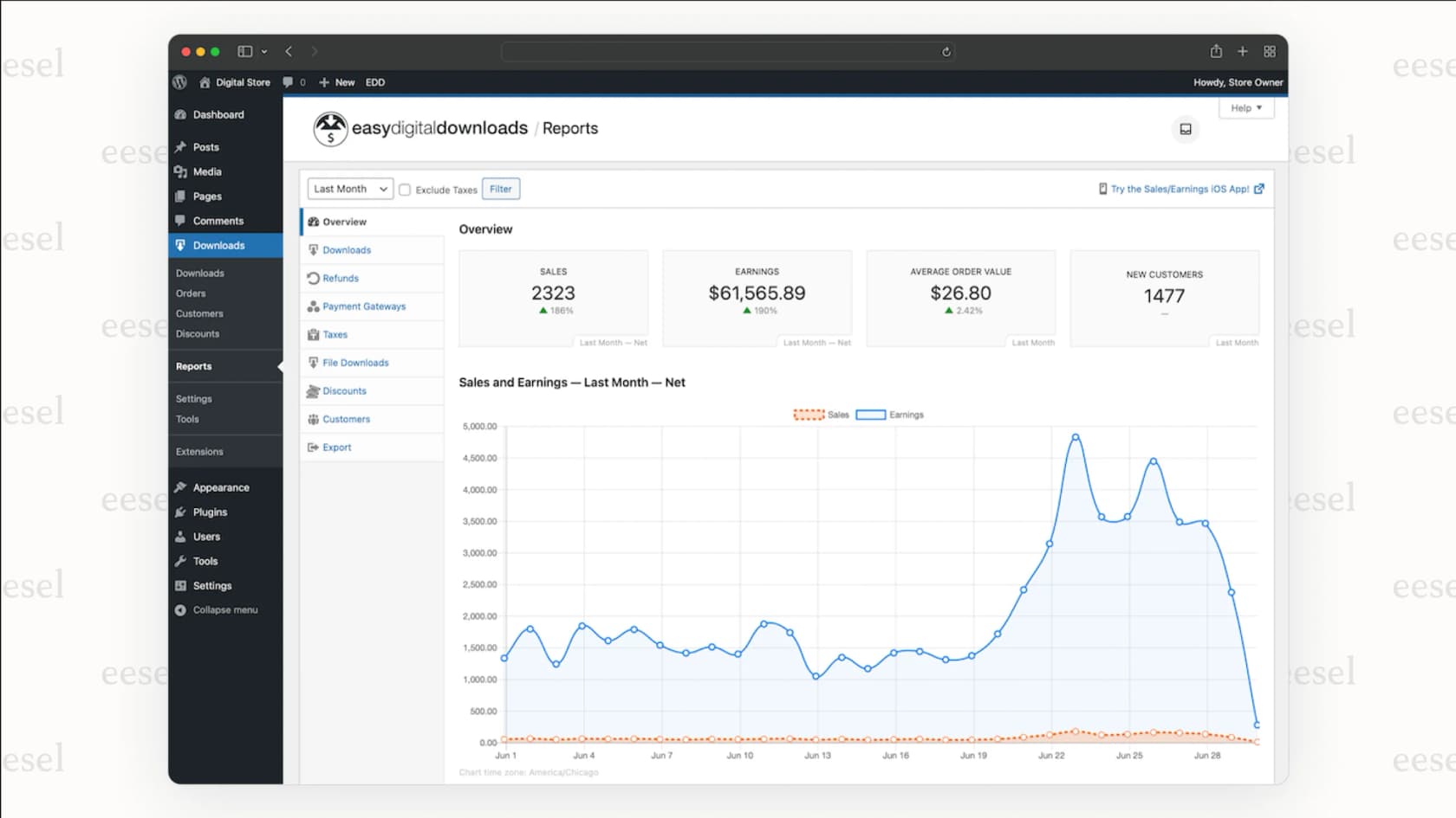 A view of the customer dashboard in Easy Digital Downloads, a niche WooCommerce alternative where users can access their purchase history and re-download files.