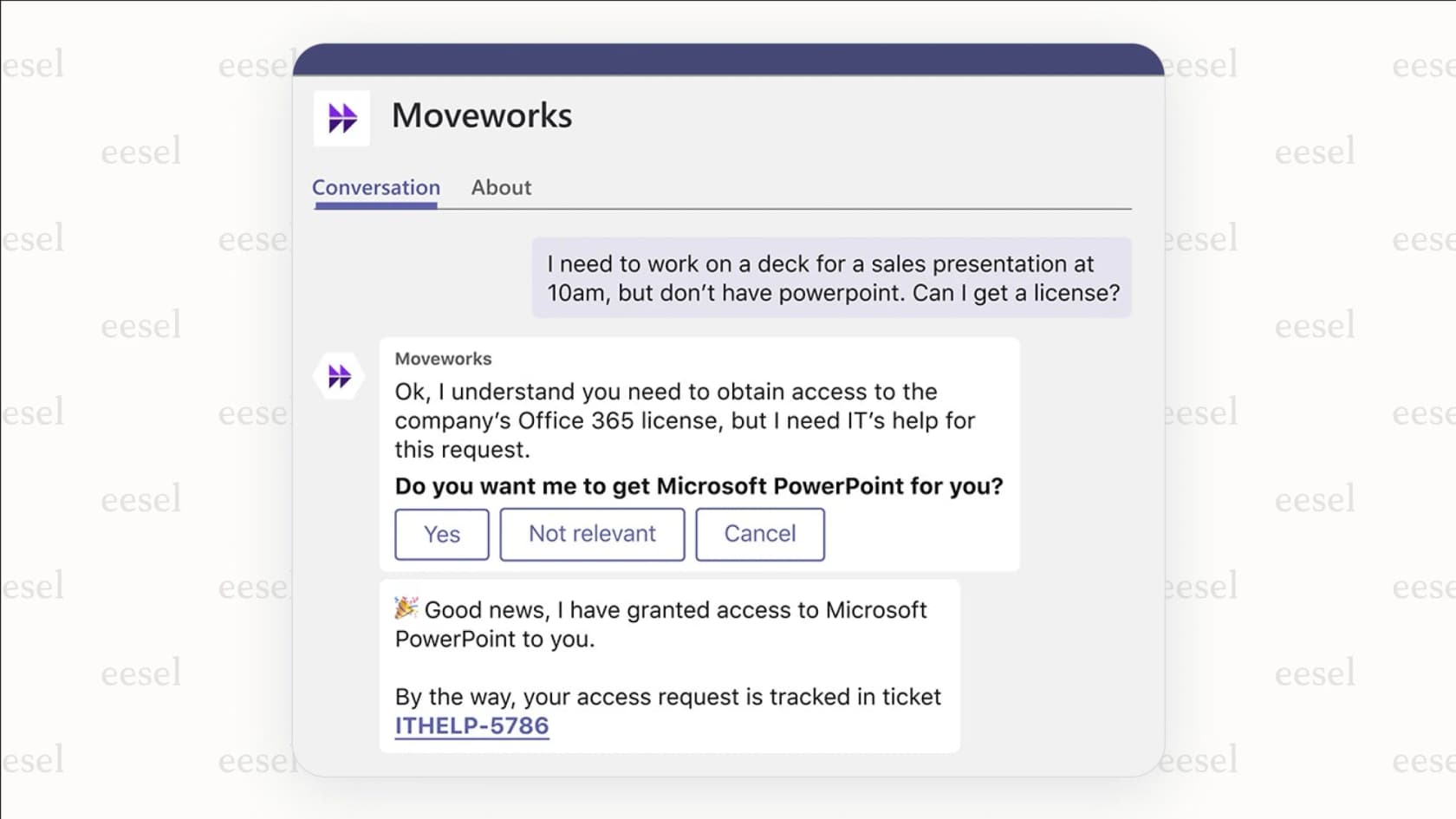 Uma captura de tela mostrando o chatbot Moveworks dentro de uma conversa do Microsoft Teams, usando IA para fluxos de trabalho para ajudar um funcionário a redefinir sua senha.