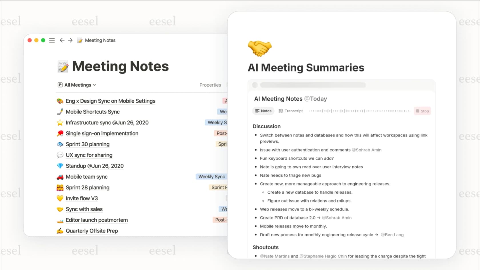 Notion AI summarizing meeting notes.