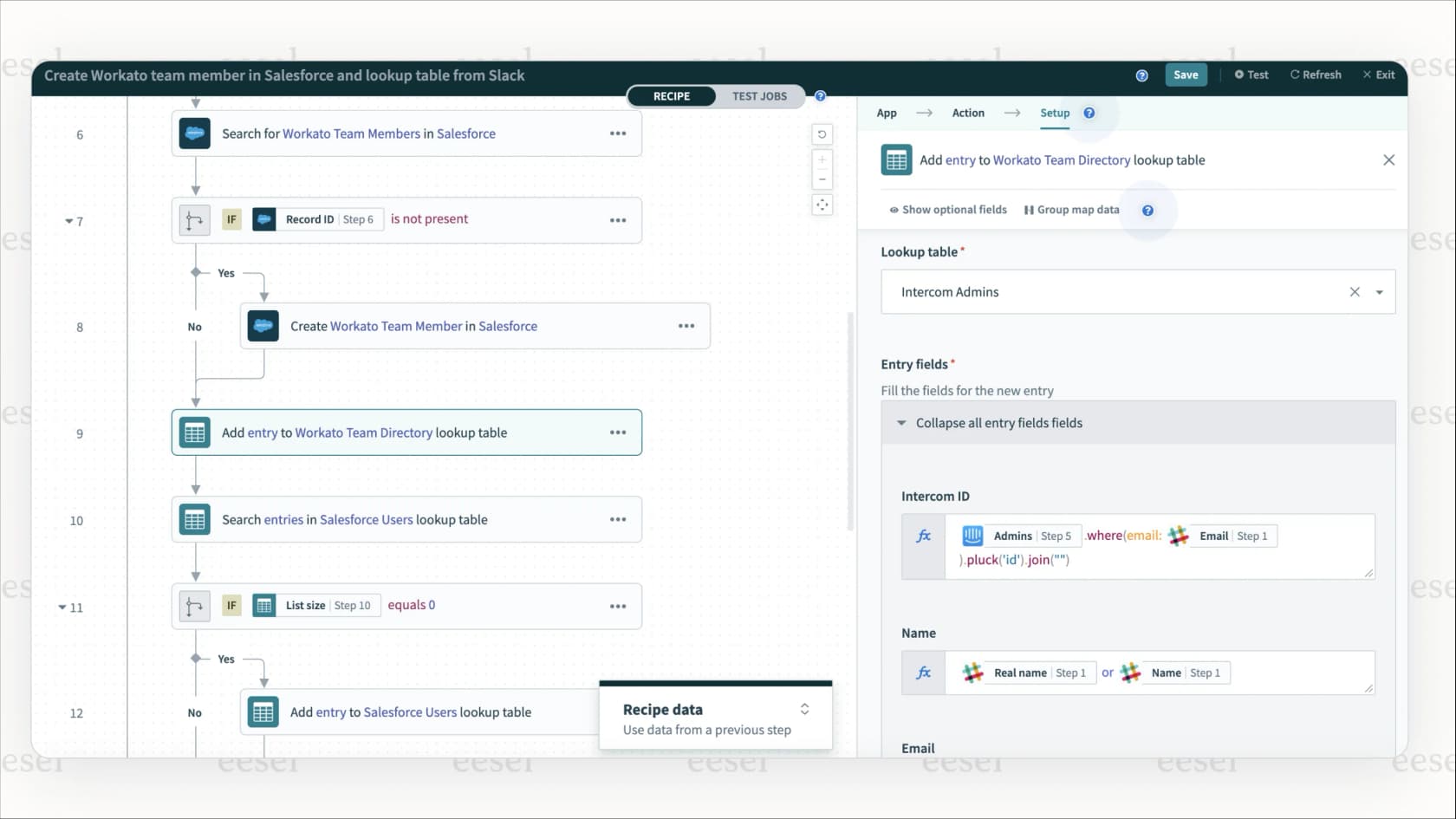 A screenshot of a complex business process automation in Workato, a high-end option for Make.com alternatives.