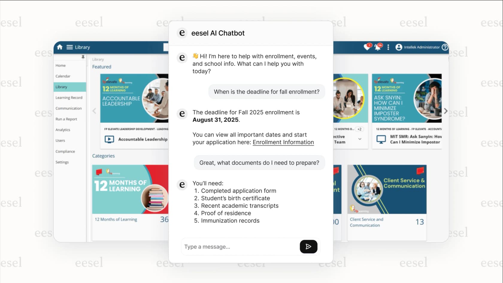 Um chatbot de site alimentado por IA para escolas oferece suporte 24/7 aos pais.