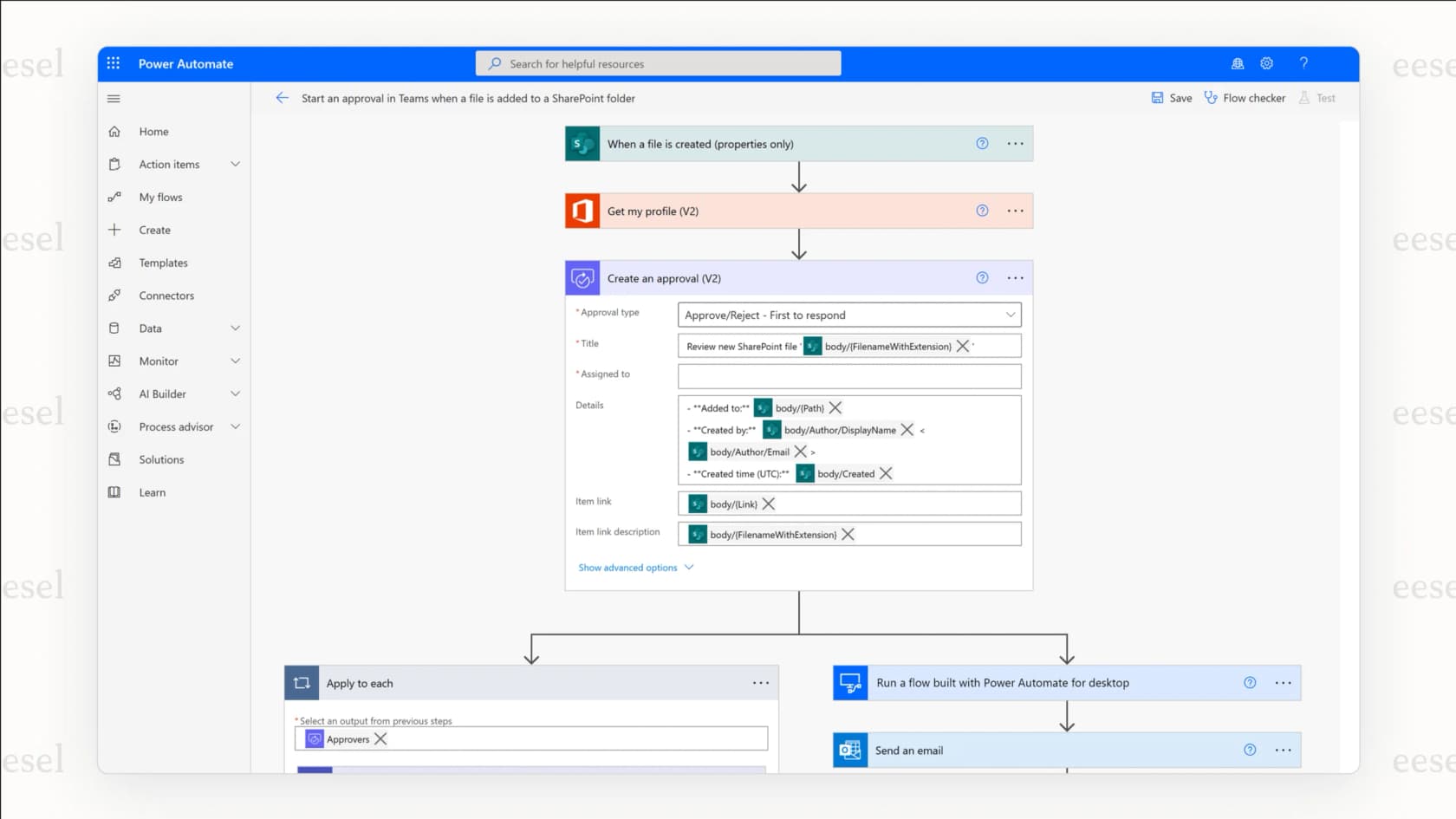 Uma captura de tela do construtor de fluxos do Microsoft Power Automate, demonstrando como usar IA para fluxos de trabalho para automatizar tarefas entre diferentes aplicativos Microsoft.