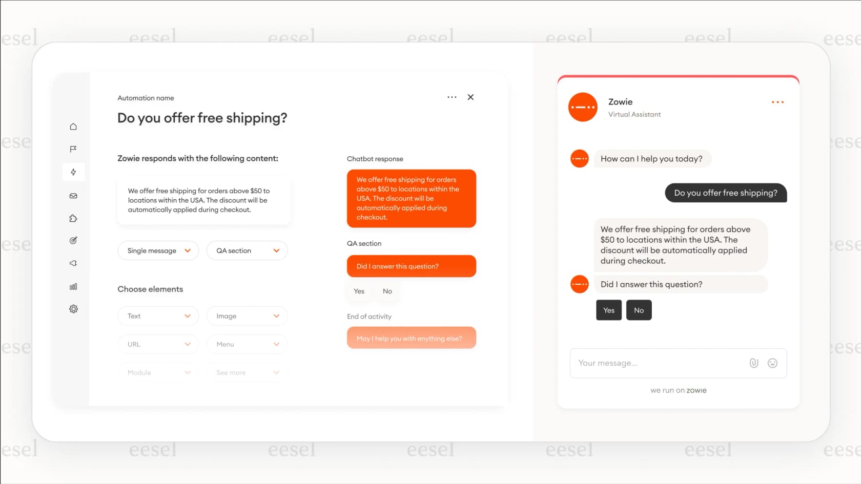 Un ejemplo del chatbot Zowie proporcionando una respuesta automatizada a un cliente