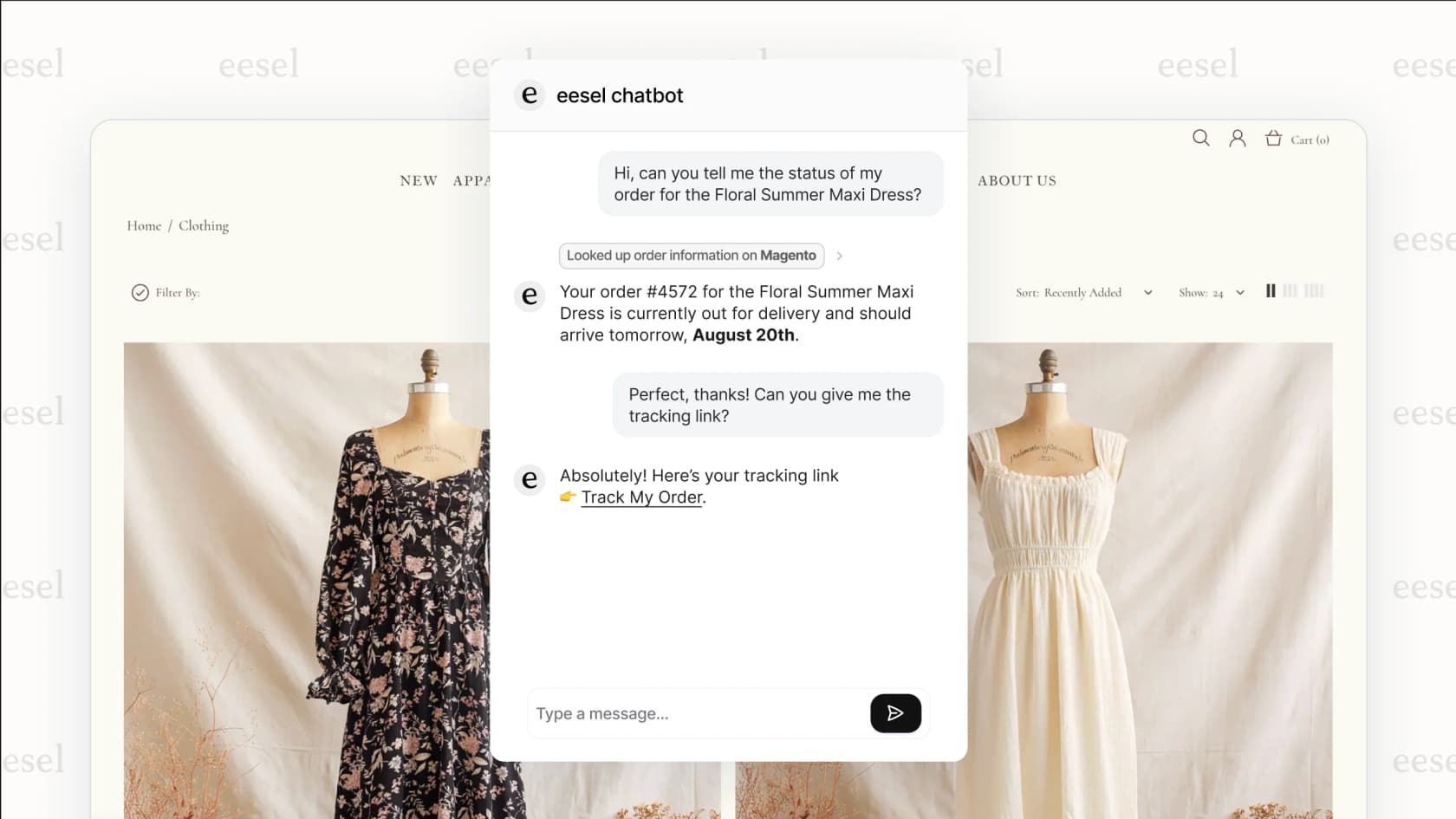 Widget de chatbot de eesel AI que proporciona atención al cliente instantánea en una tienda Magento