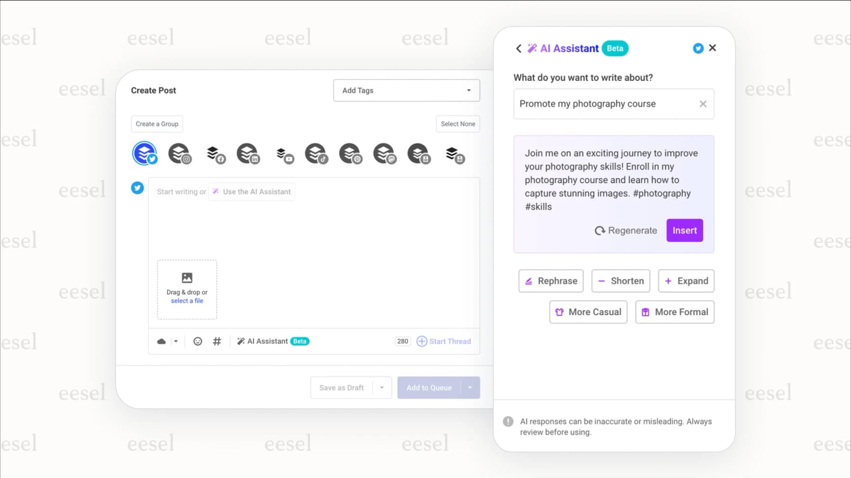 Brainstorming social media content with Buffer's AI.