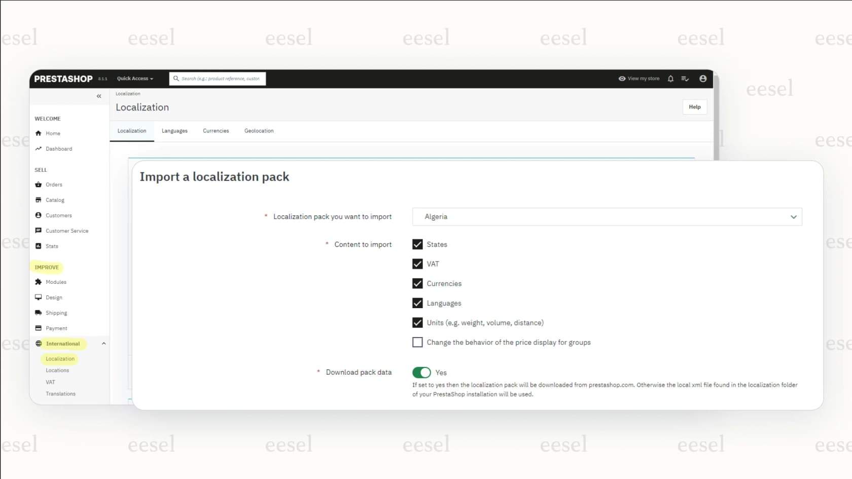 The international settings panel in PrestaShop, highlighting why it