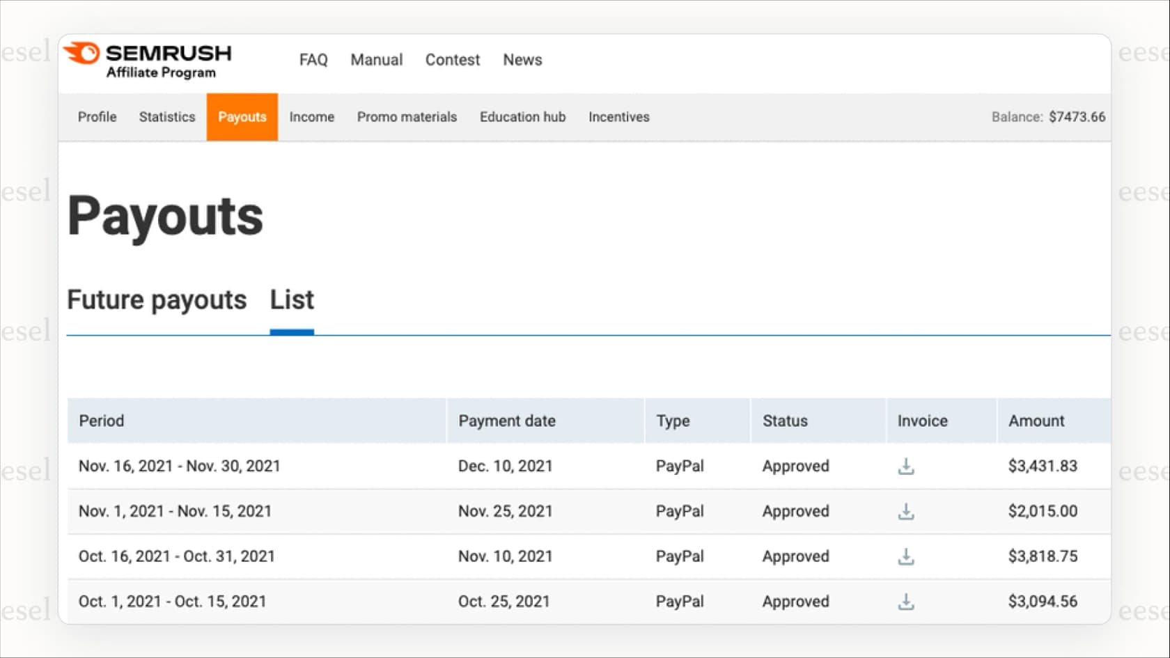 Une capture d'écran du tableau de bord partenaire de Semrush illustrant les actifs de suivi et de marketing robustes disponibles dans l'un des meilleurs programmes de partenariat SaaS.
