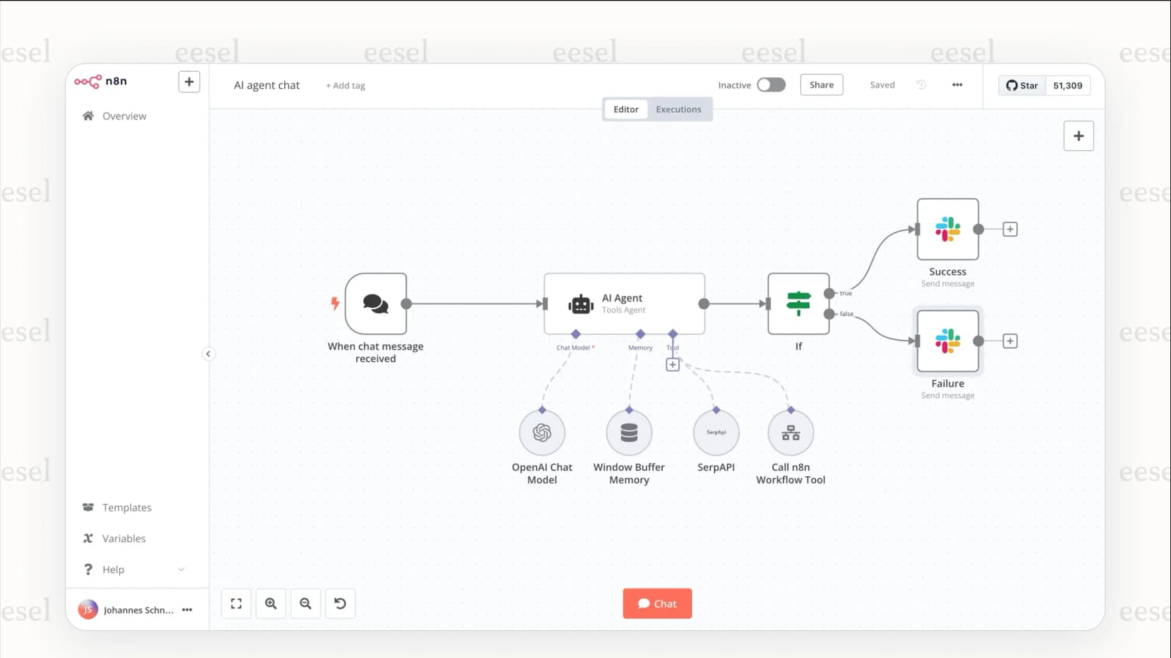 The n8n visual workflow canvas, where users can connect different nodes to build automations.