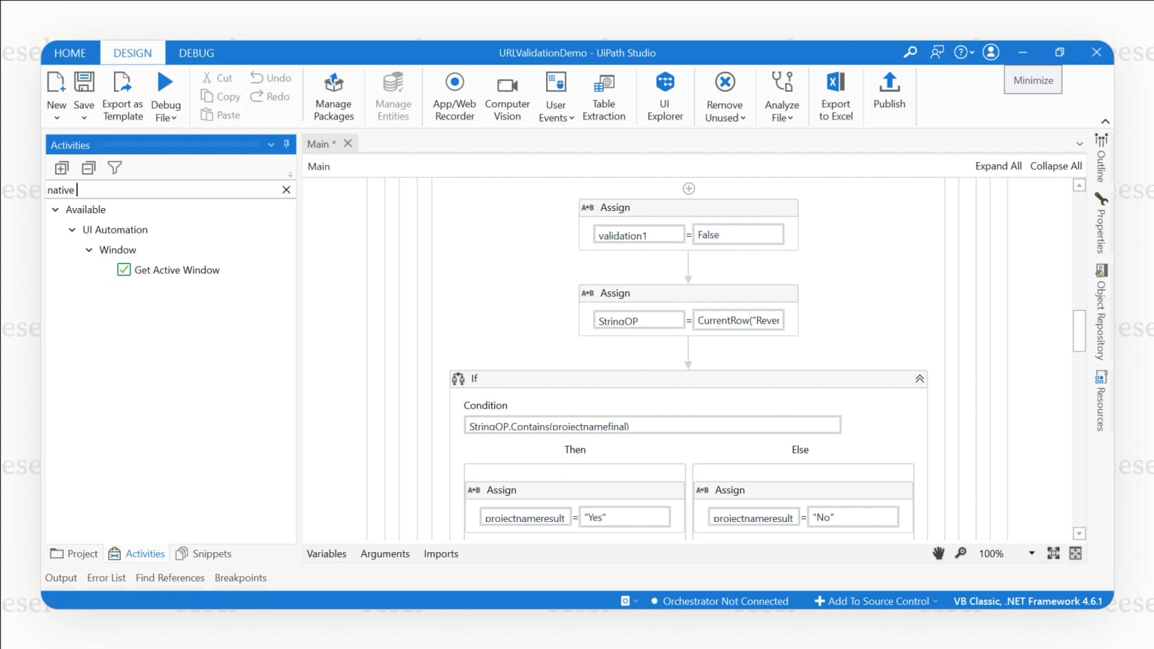 Uma captura de tela do UiPath Studio onde um robô de software é programado, mostrando como a IA para fluxos de trabalho pode automatizar o processamento de documentos e a entrada de dados.