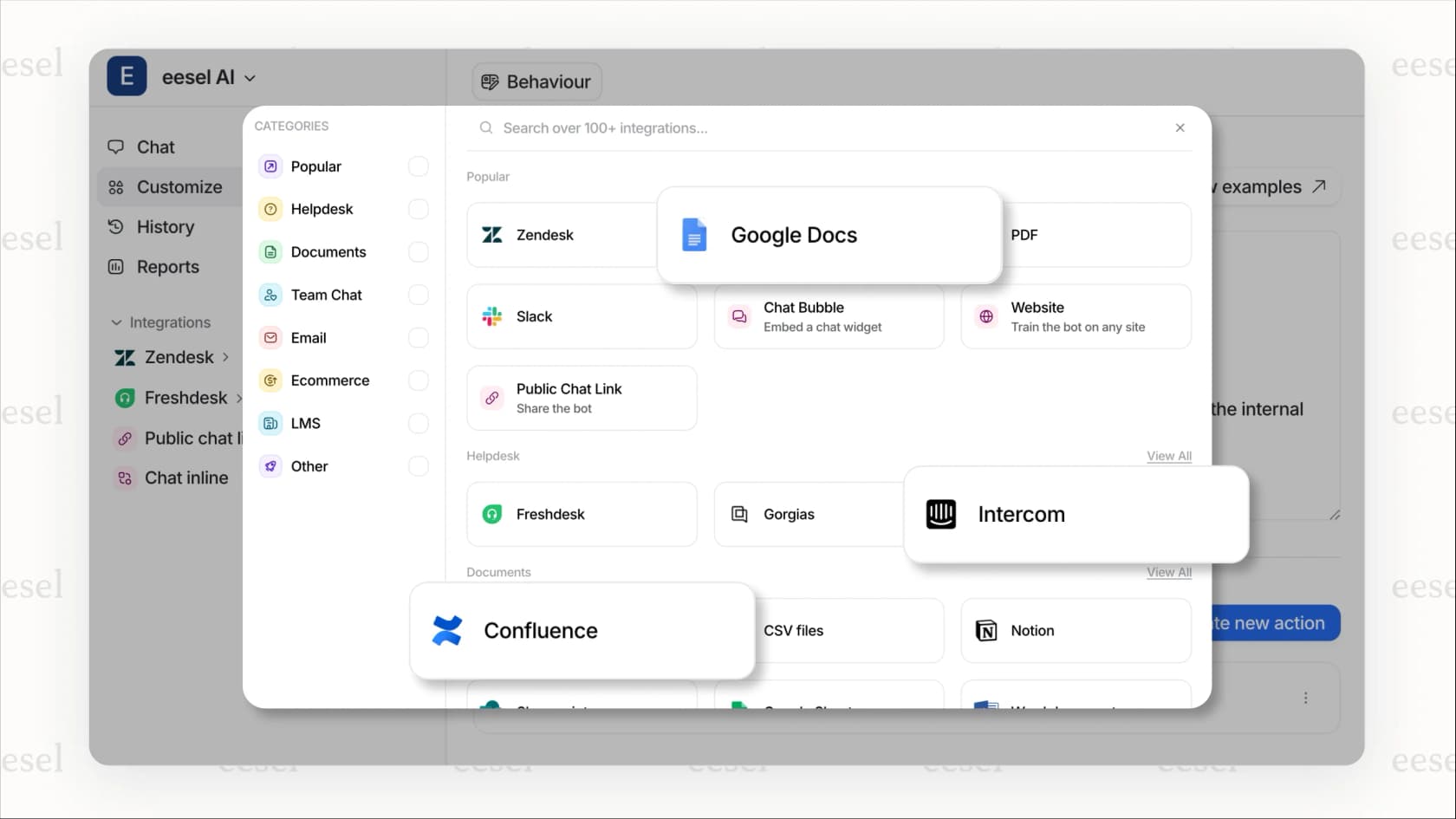Una imagen que muestra los logotipos de populares mesas de ayuda con las que eesel AI se integra, demostrando la misma filosofía integrada vista con Nano Banana y la aplicación Gemini.