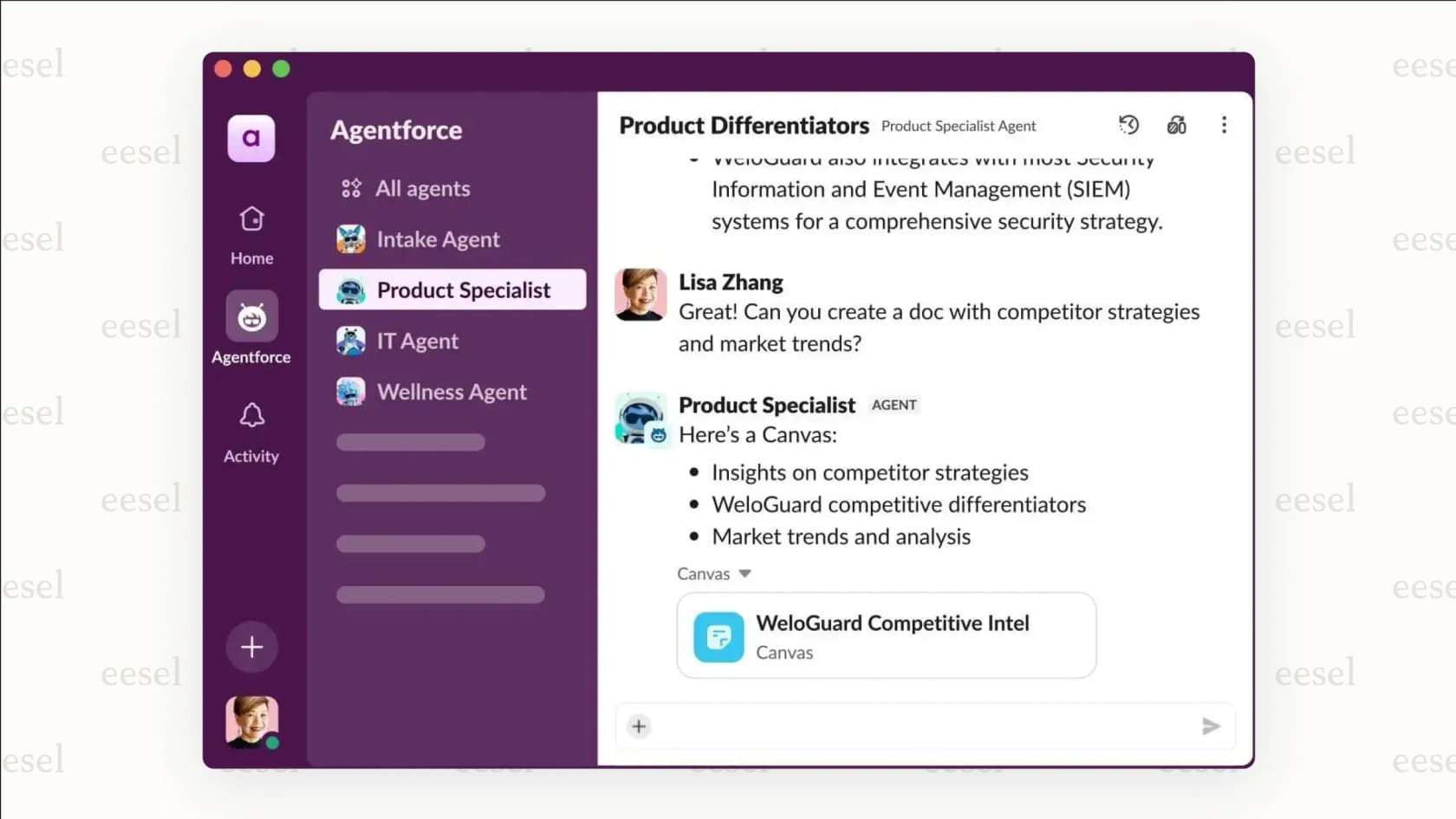 Uma captura de tela da interface do usuário do Slack com um agente de IA do Agentforce respondendo a uma solicitação de dados de um usuário, ilustrando o uso de IA para fluxos de trabalho dentro de ferramentas de chat.