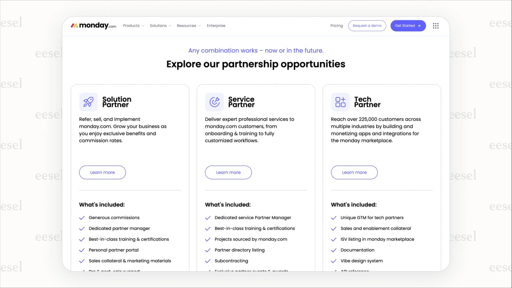 Une capture d'écran du site web de Monday.com présentant les options de partenariat flexibles, une raison clé pour laquelle il s'agit de l'un des meilleurs programmes de partenariat SaaS.