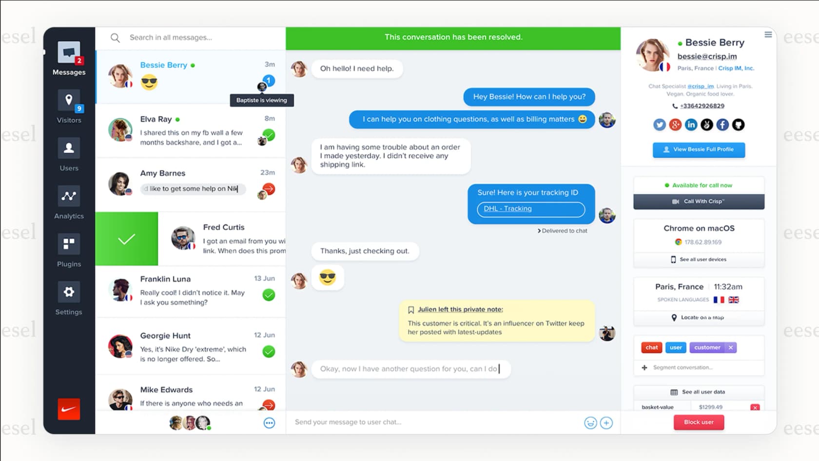 Le tableau de bord de Crisp, loué dans les avis sur Crisp AI pour sa vue unifiée des conversations clients.