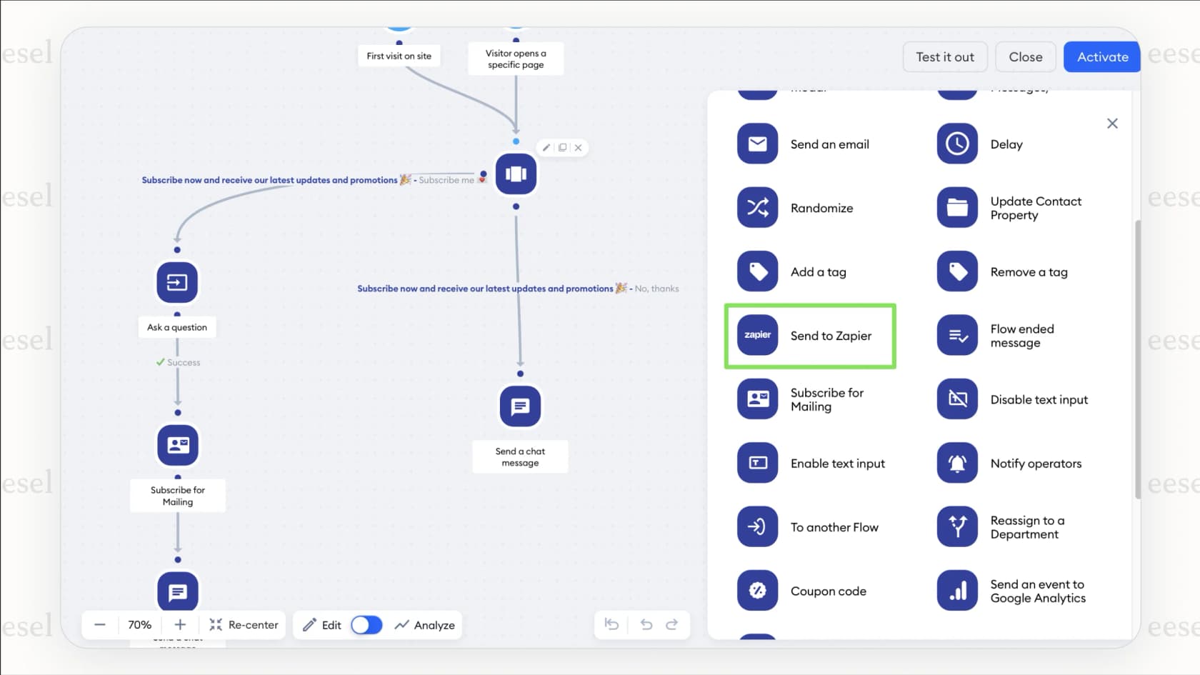 Una captura de pantalla del constructor visual de Tidio, que permite a los propietarios de pequeñas empresas crear conversaciones automatizadas, convirtiéndolo en uno de los mejores chatbots para quienes tienen un presupuesto limitado.