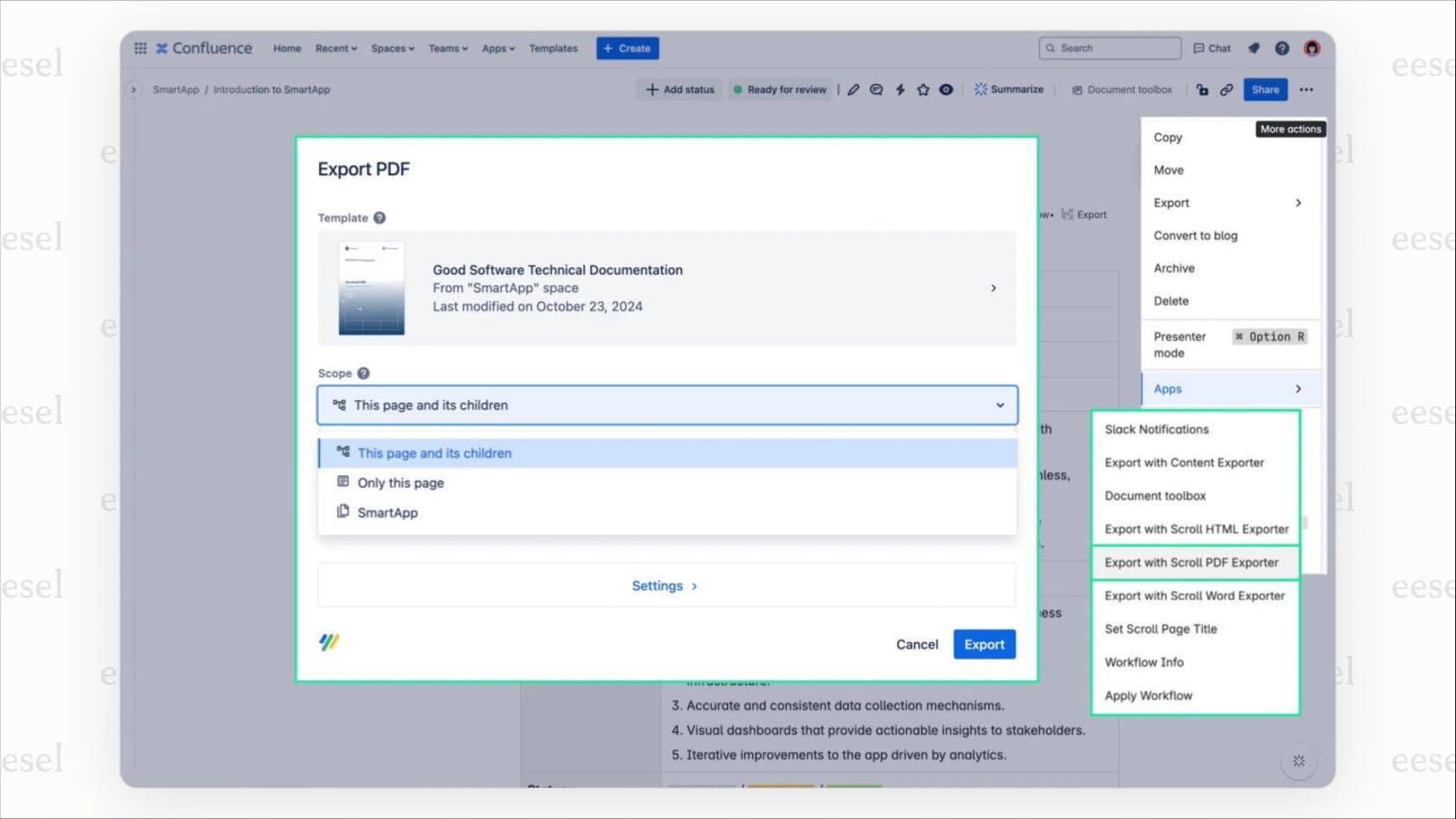 A screenshot of the Scroll PDF Exporter interface, one of the top Confluence apps, showing the customization options for creating a professional PDF document from a Confluence space.