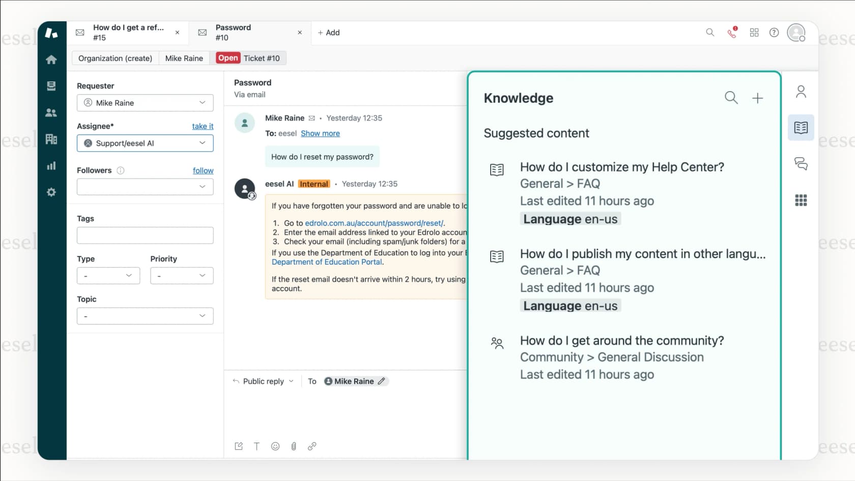 Una captura de pantalla que demuestra la profunda integración de Zendesk AI, mostrando cómo asiste a los agentes directamente dentro de la vista de ticket, convirtiéndolo en uno de los mejores chatbots para los clientes actuales de Zendesk.