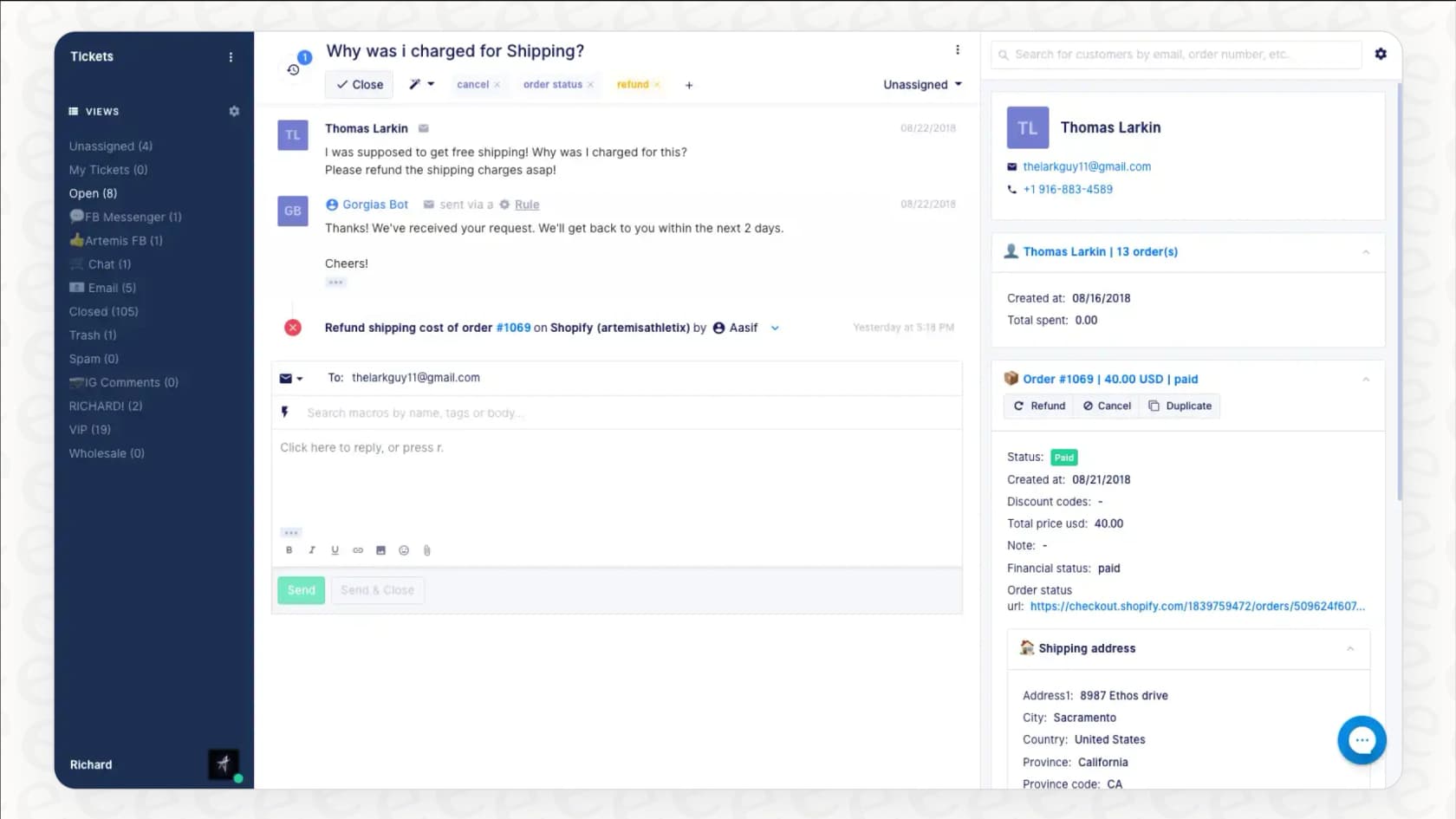 The Shopify integration in Gorgias is a powerful tool for Gorgias managing multiple brands, as it provides immediate access to customer order data.