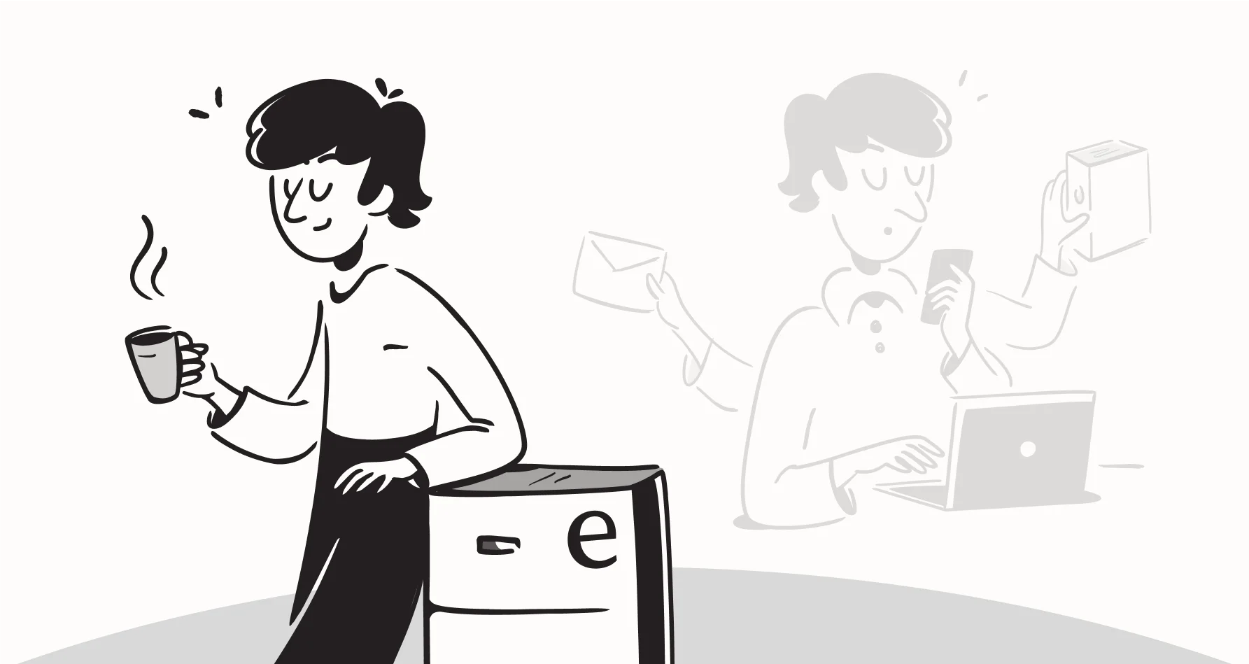 A person with coffee beside an eesel box, contrasted with a multitasking figure holding a phone, envelope, and box.