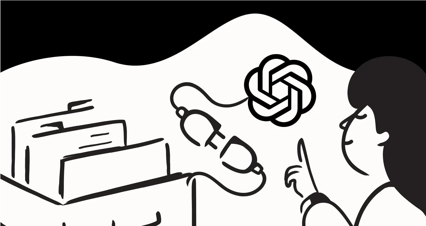 Illustration of an OpenAI logo connected by a cable to folders beside a person