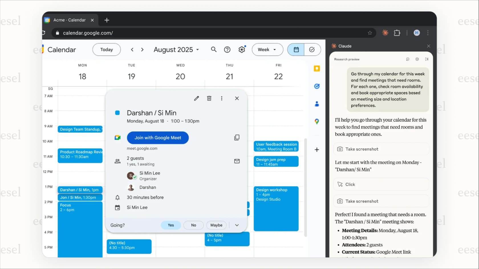 A screenshot showing the user interface for the Claude for Chrome AI agent, which appears in a sidebar next to a website