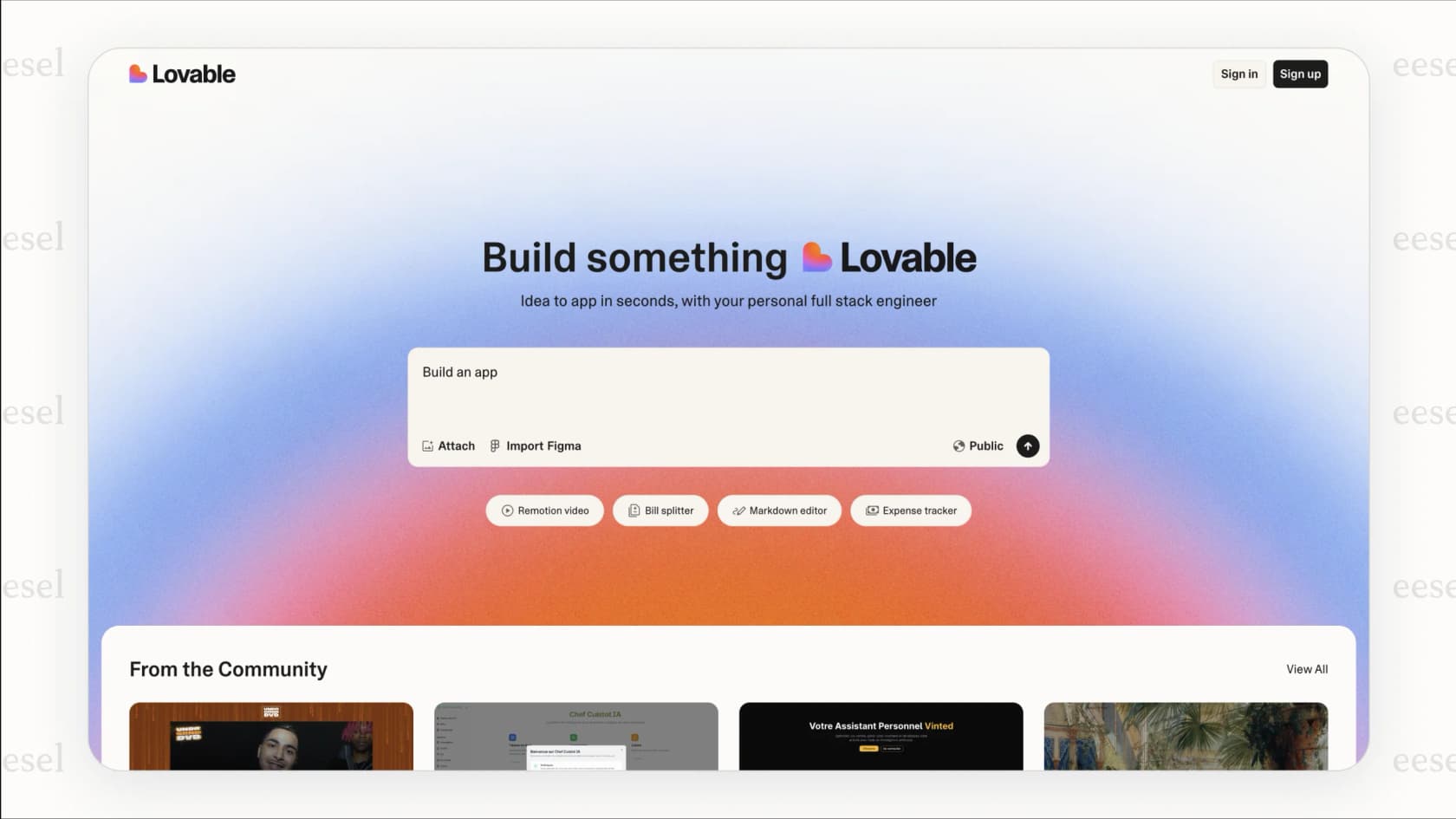 Una captura de pantalla de la interfaz de usuario de Lovable, donde un usuario puede escribir en lenguaje natural para construir una aplicación, ilustrando la funcionalidad principal descrita en el blog.