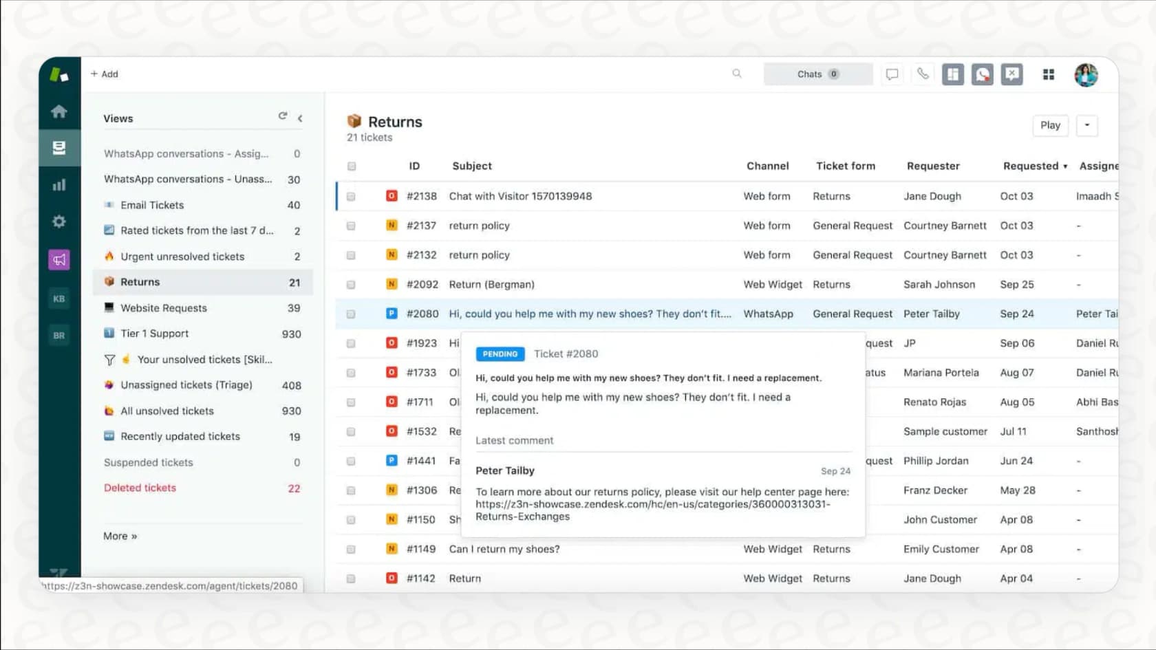 Screenshot of the Zendesk Suite pricing agent workspace demonstrating how email, chat, and call information are unified for a single customer.