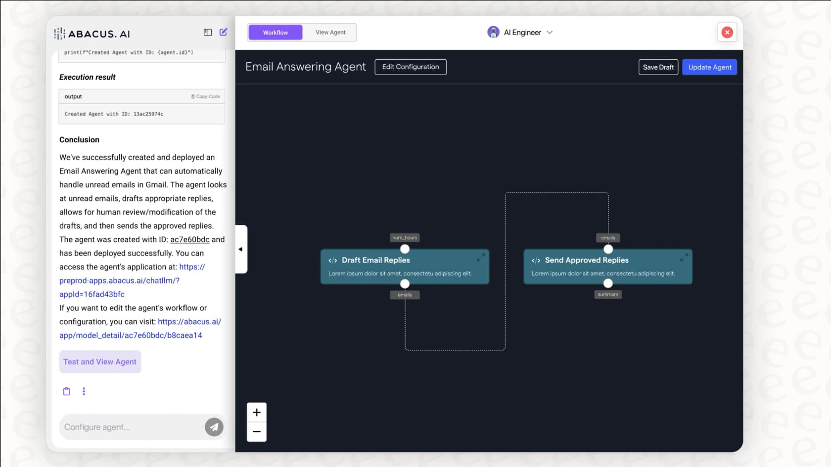 Screenshot showing the developer-focused workflow builder in Abacus AI, illustrating its complexity.