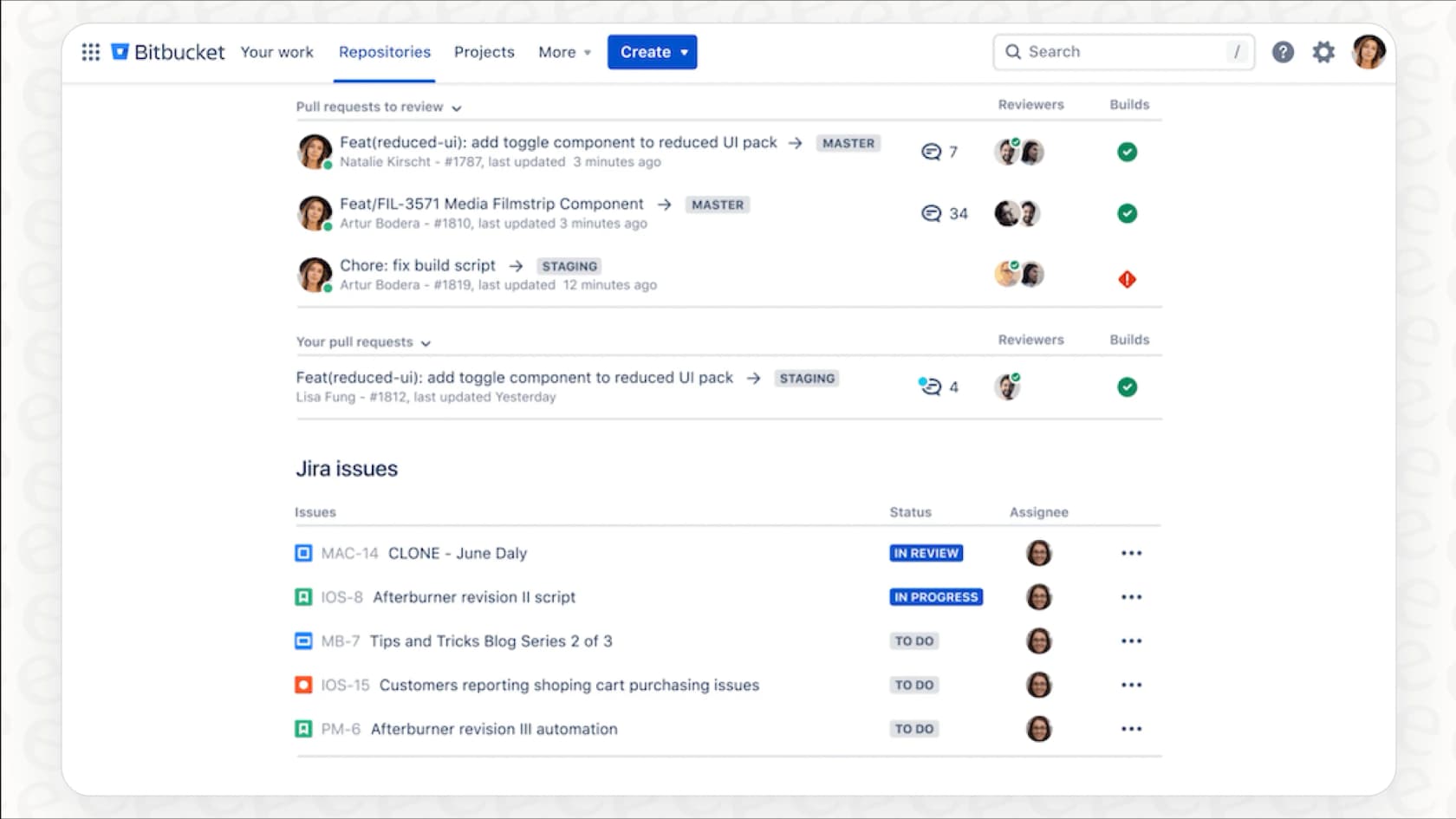 A complete Bitbucket overview of the main user dashboard, showing code repositories.