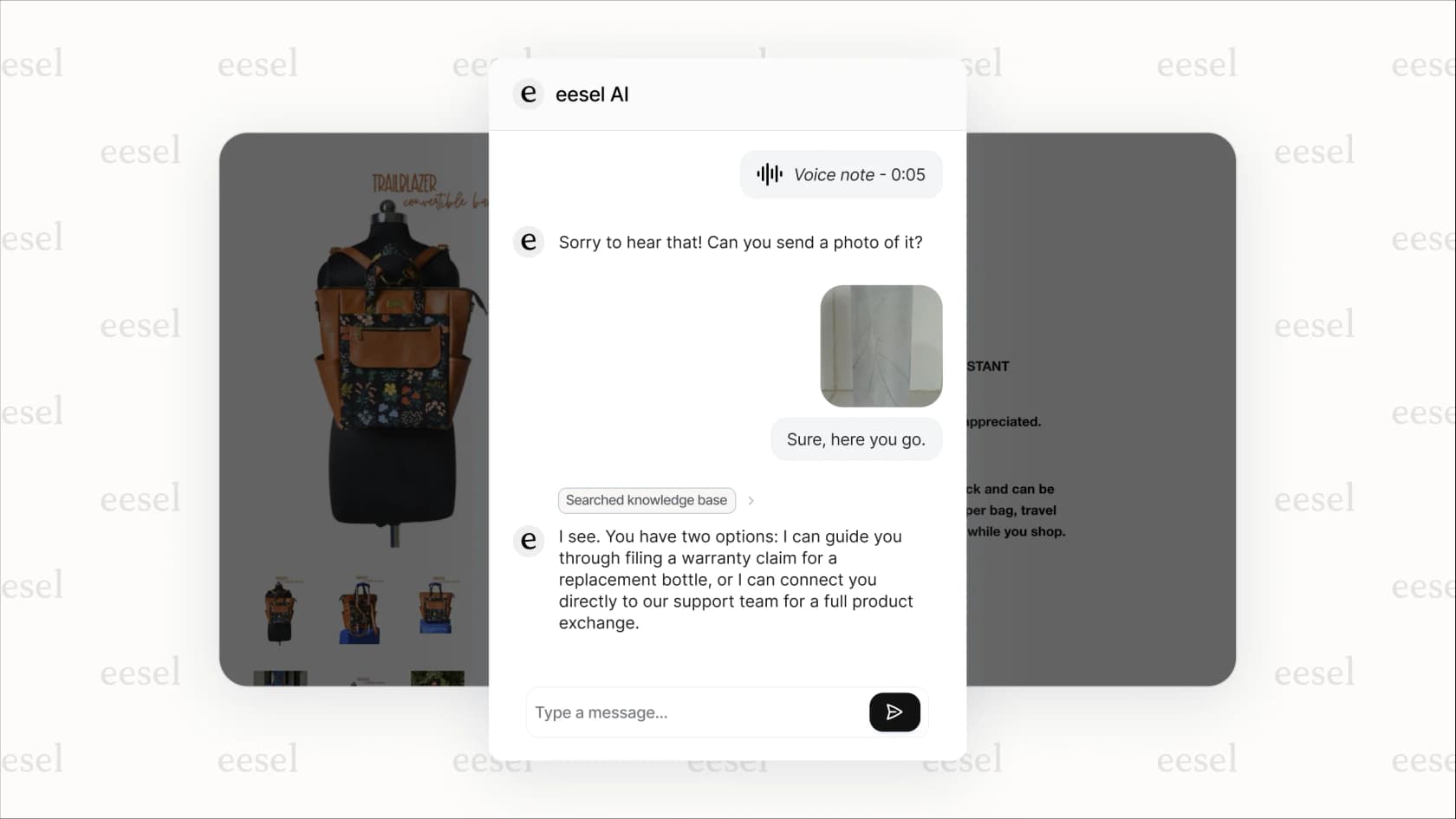 Screenshot demonstrating the image input capability of gpt-realtime, where a customer sends a picture of a broken product to an AI voice agent for help.