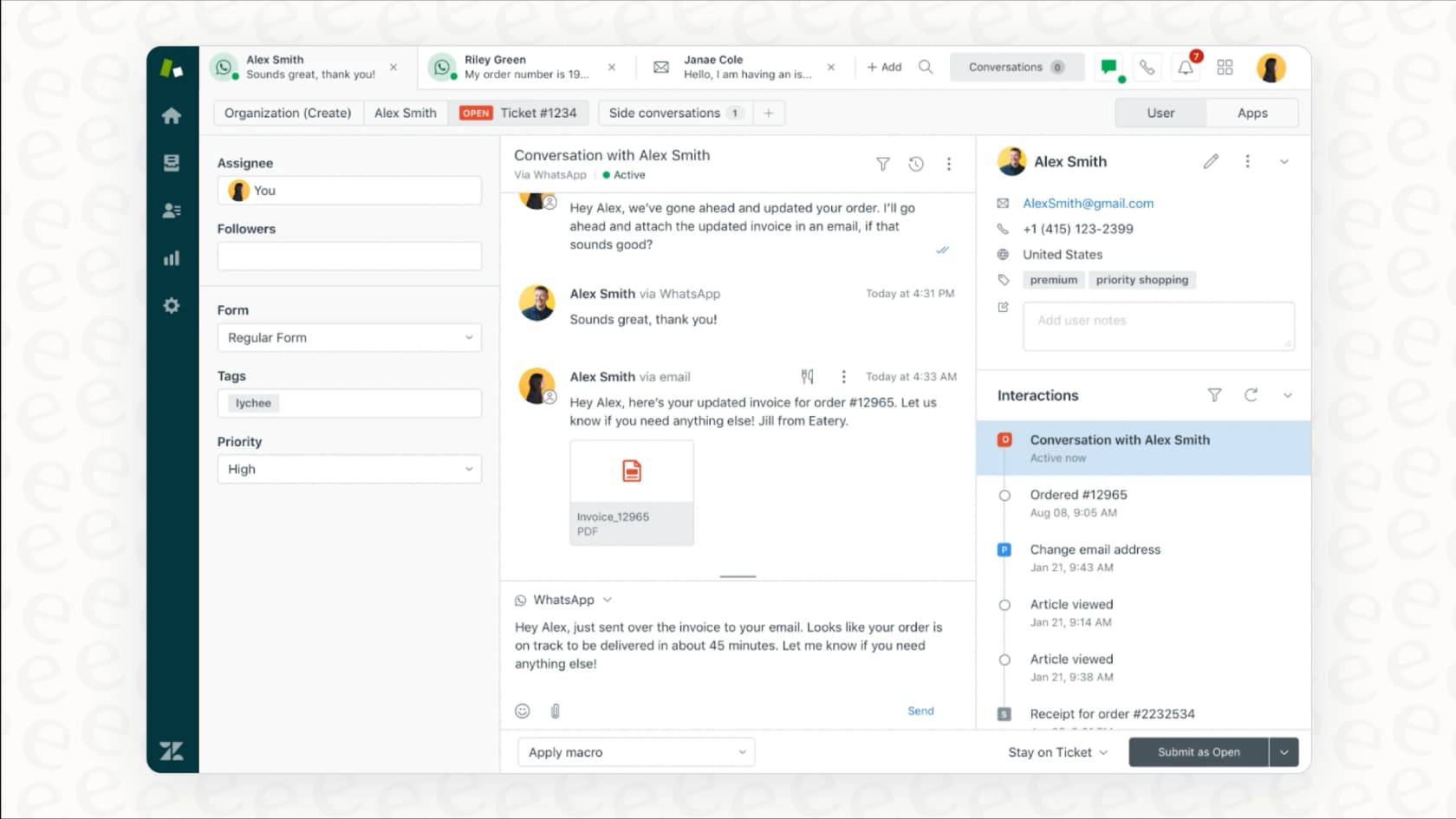 A screenshot of the Zendesk Agent Workspace, showing the main dashboard of the Zendesk CRM.