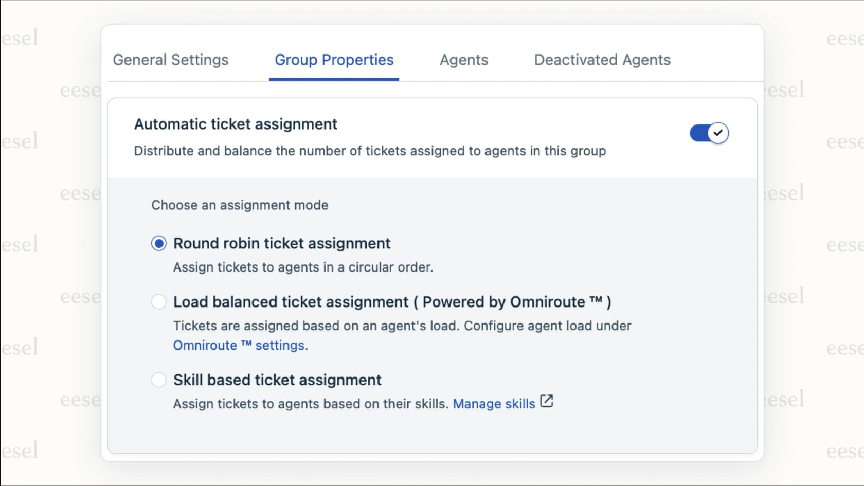 The admin interface in Freshdesk for configuring round-robin automatic ticket assignment Freshdesk for a support team.