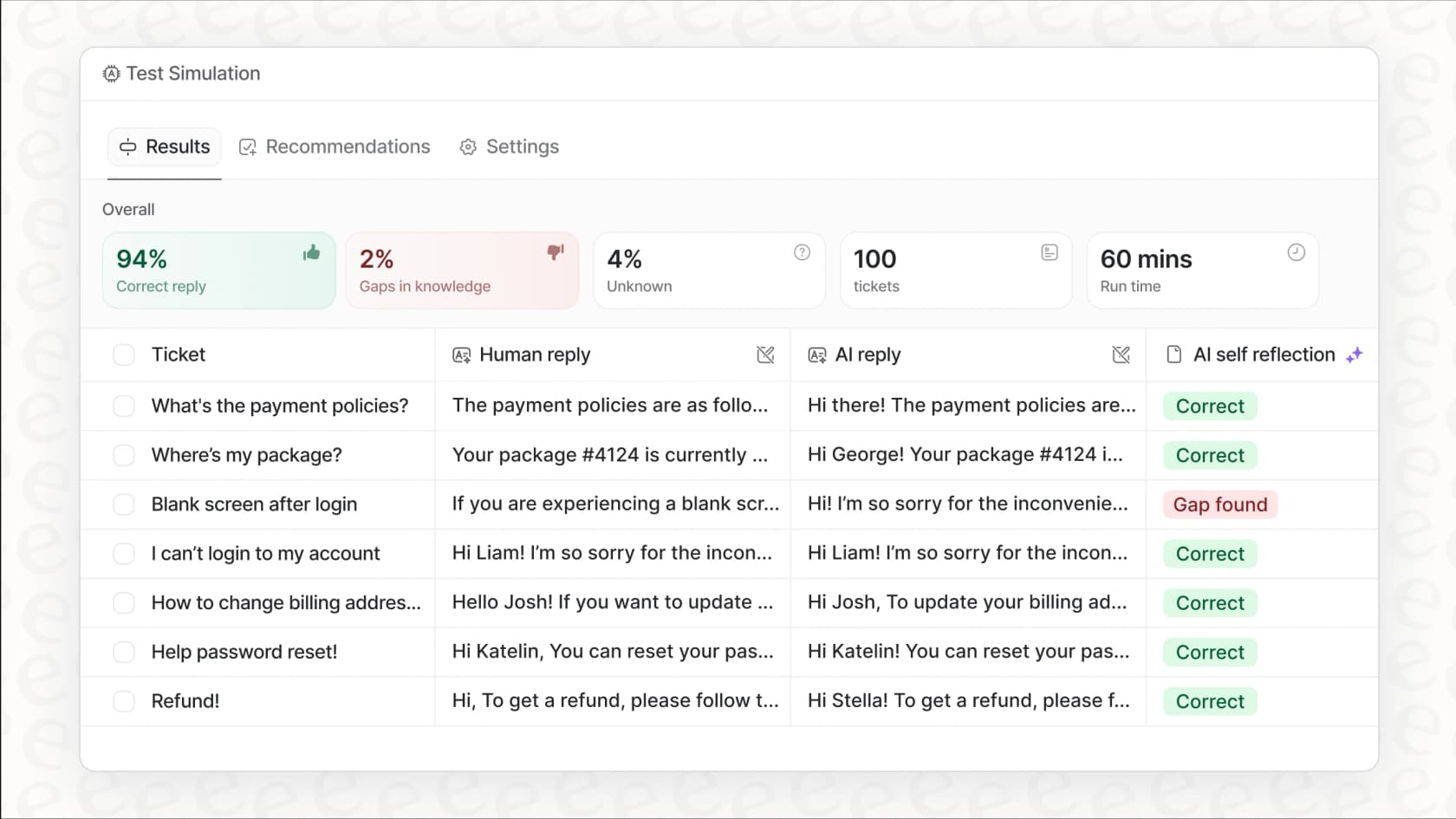 Screenshot of the eesel AI simulation feature, a key tool within modern customer intelligence solutions for testing AI performance before deployment.