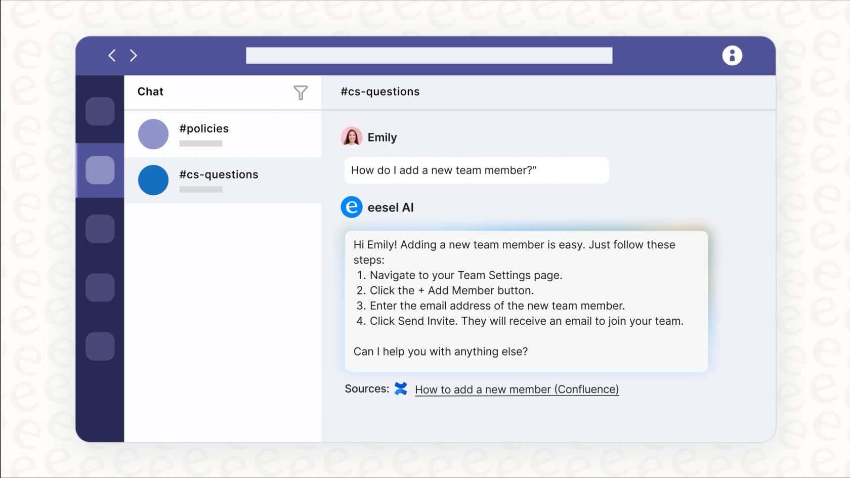 Screenshot showing the eesel AI chatbot, a key feature of this SaaS onboarding software, answering a new user