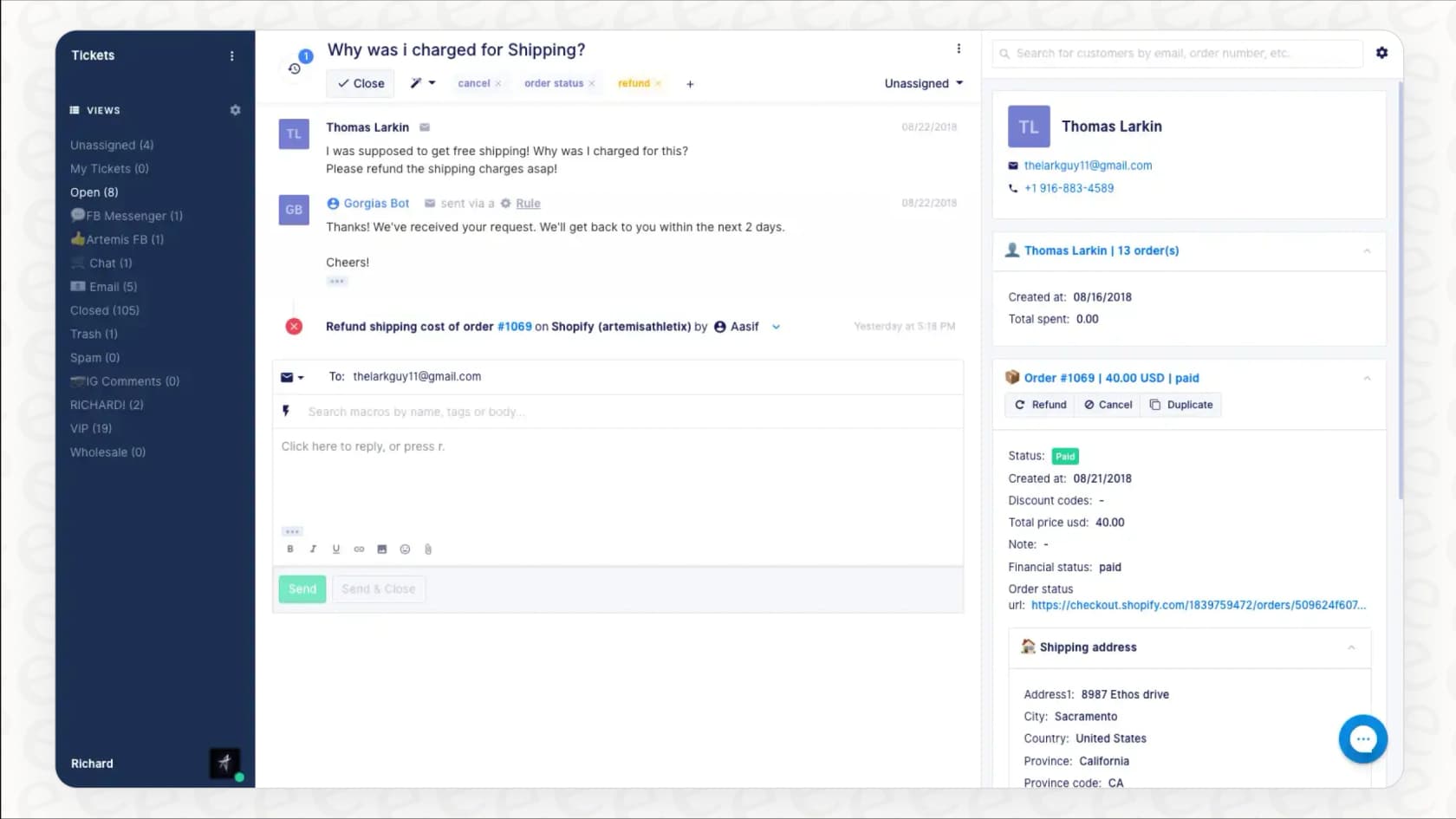 A view of the Gorgias dashboard, where users can access the CSAT report to analyze customer satisfaction data.