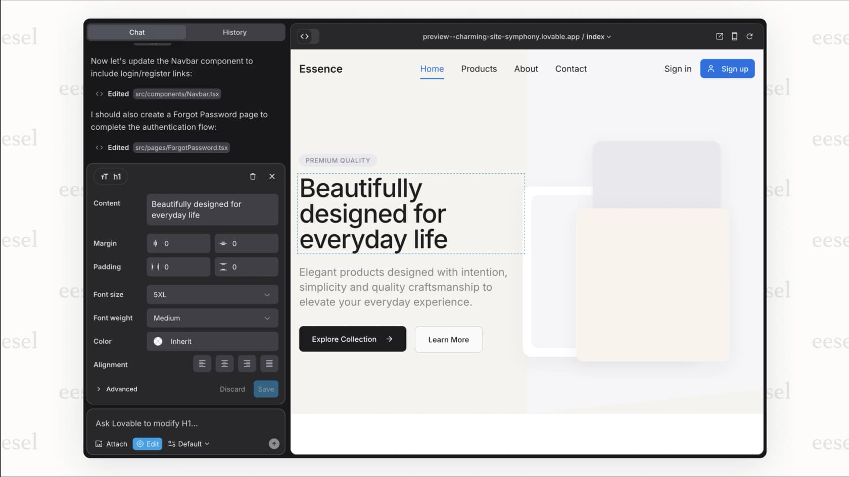 A screenshot of the Lovable visual editor, allowing for no-code UI adjustments.