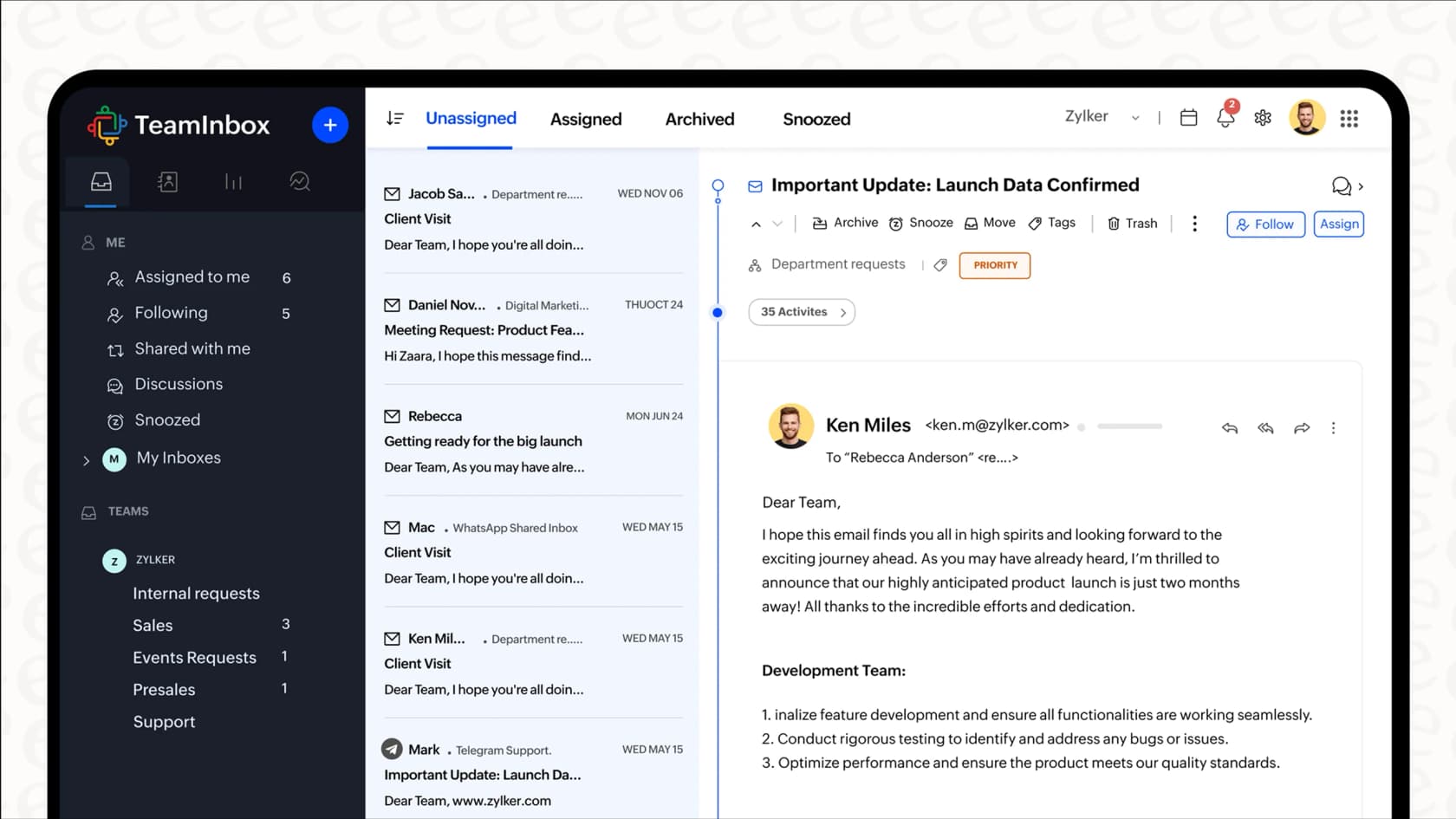 A screenshot of the Zoho Desk unified inbox, a key feature for managing customer conversations.