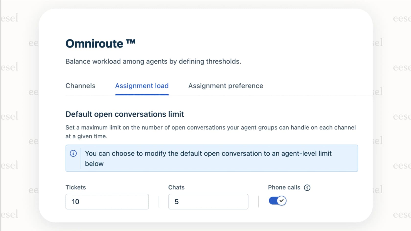 A screenshot of the Freshdesk Omniroute feature showing how to set up load-balanced automatic ticket assignment Freshdesk based on an agent