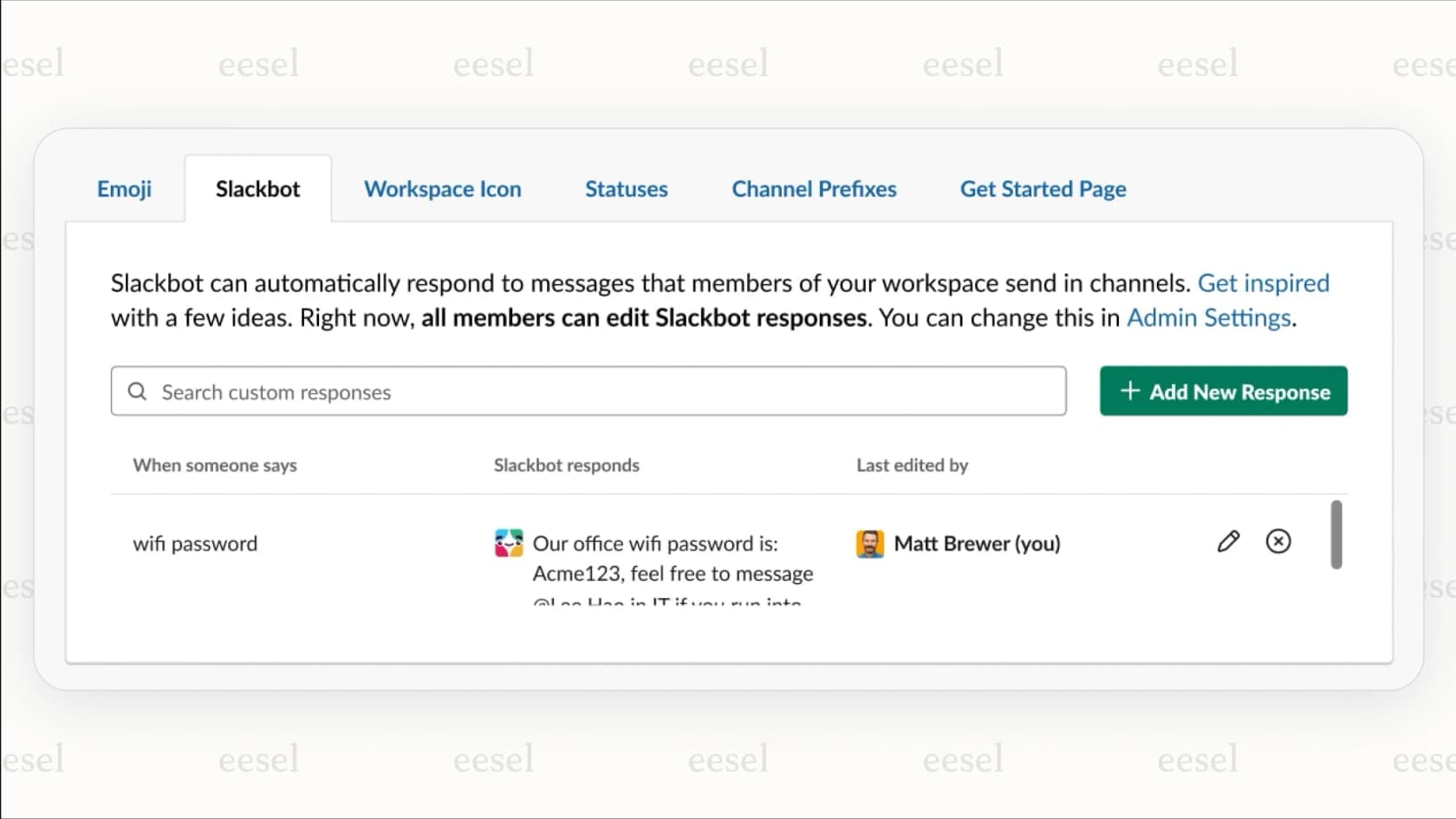 A screenshot of the Slack admin settings for creating Slackbot custom responses, a basic form of Slack automated messages.