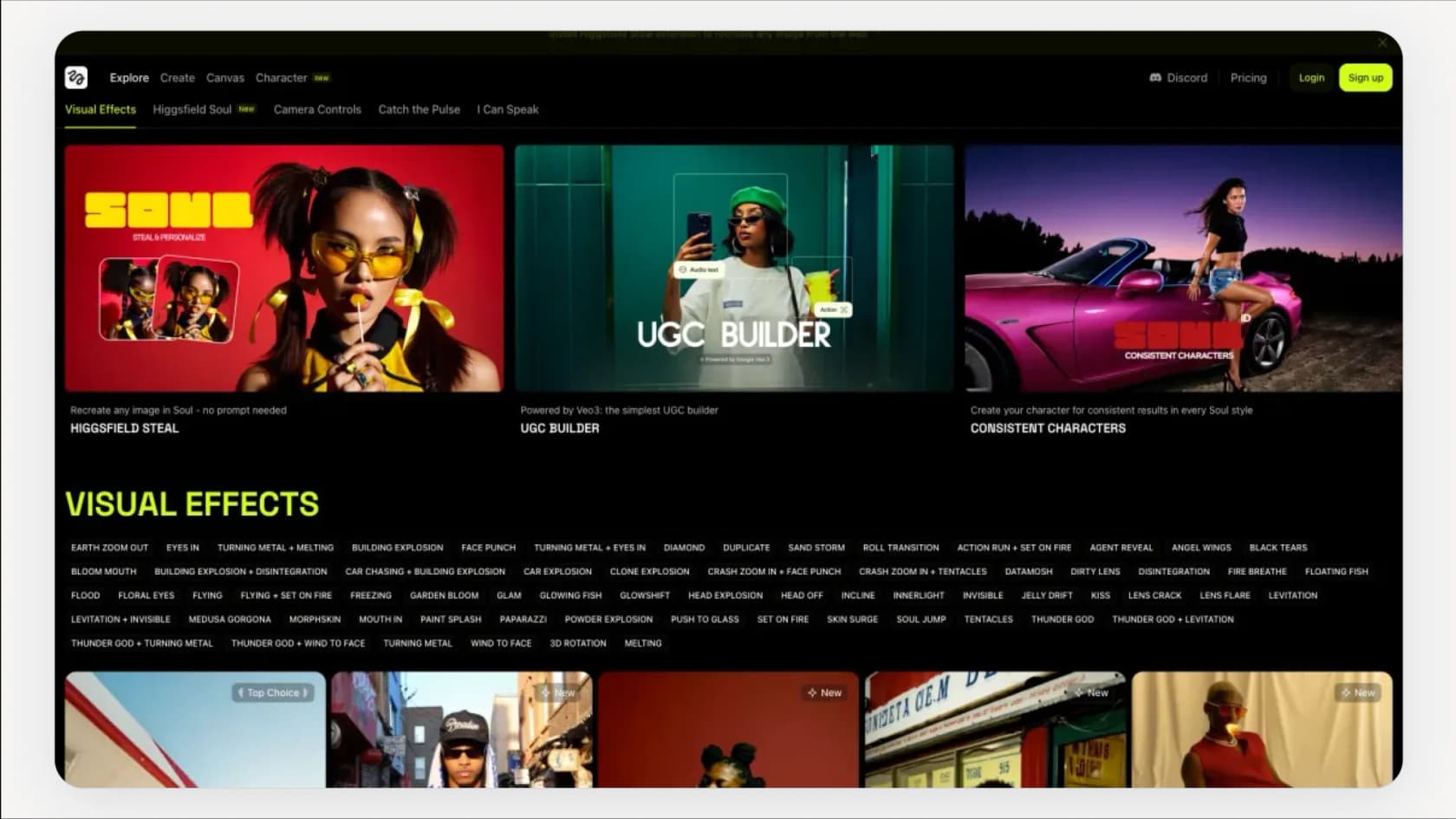 A screenshot of the Higgsfield AI effects library, with tiles showing previews of various cinematic effects that can be applied to videos with a single click.