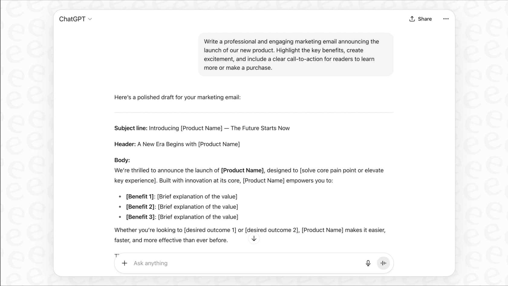 A screenshot of the ChatGPT chat window generating a creative marketing email, showcasing how artificial intelligence products can be used for content creation.