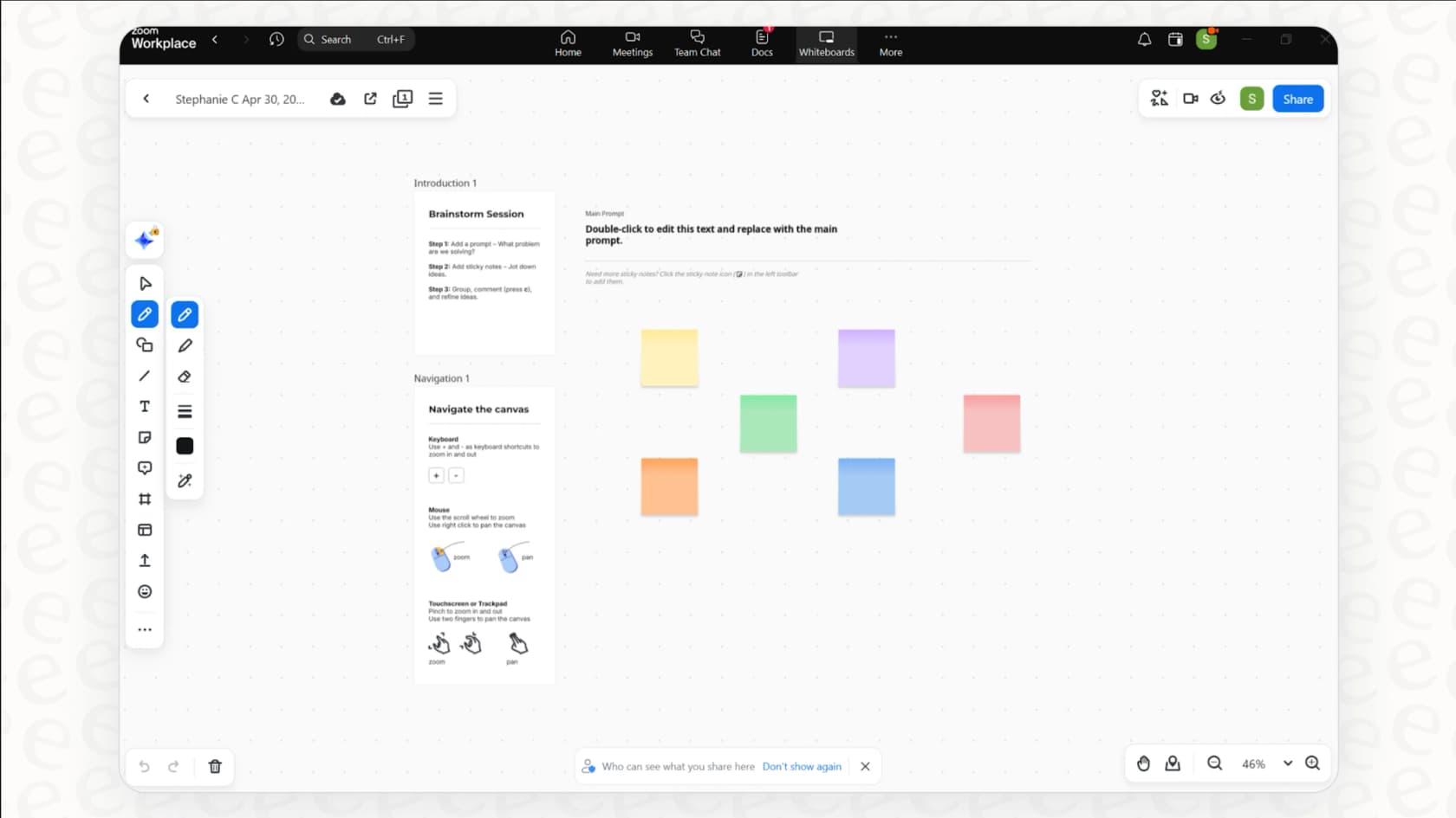 A screenshot providing a Zoom overview of the digital Whiteboard, showcasing collaborative brainstorming tools available during a meeting.