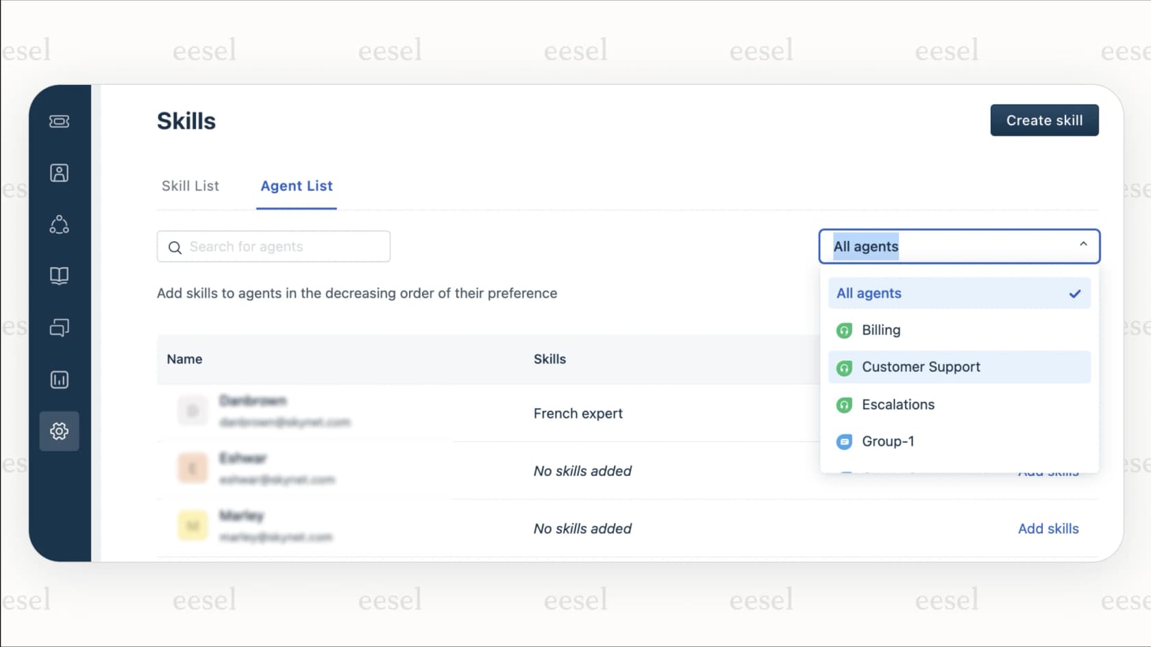 The Freshdesk UI for creating rules for skill-based automatic ticket assignment Freshdesk, matching ticket properties to agent skills.