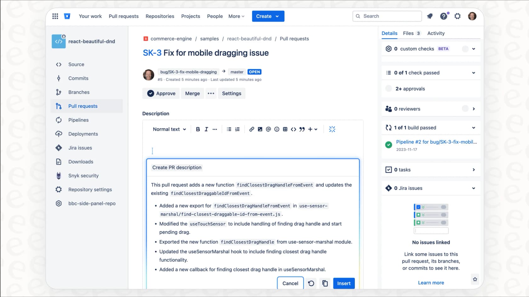 This Bitbucket overview highlights the AI tools, such as the automatic generation of a pull request description.