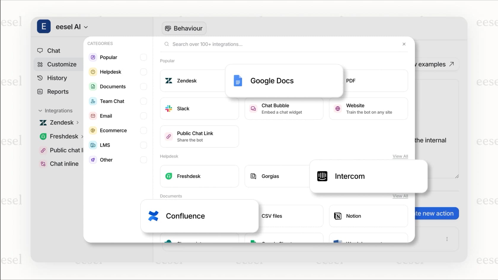 Uma captura de ecrã da plataforma eesel AI a mostrar várias integrações de um clique, simplificando a forma como as empresas ligam o seu conhecimento a um chatbot da OpenAI sem usar diretamente a API de Ficheiros da OpenAI.