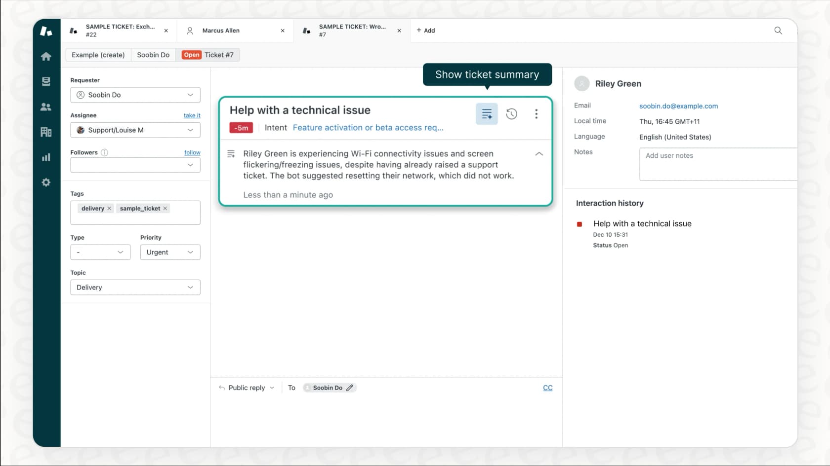 An AI-generated ticket summary in the Zendesk help desk.