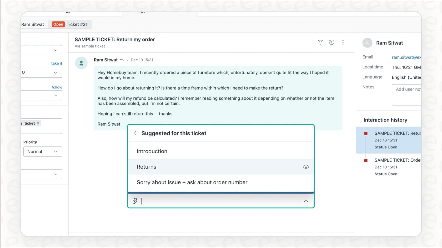 Screenshot showing the agent workspace in Zendesk, where one of the platform's features is helping an agent.