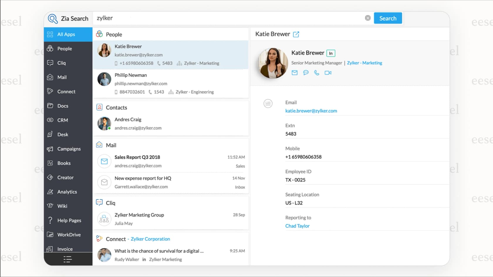 Uma captura de tela mostrando a interface do Zoho CRM com o assistente de IA Zia, demonstrando como esta ferramenta versátil de gestão de CRM incorpora inteligência artificial.