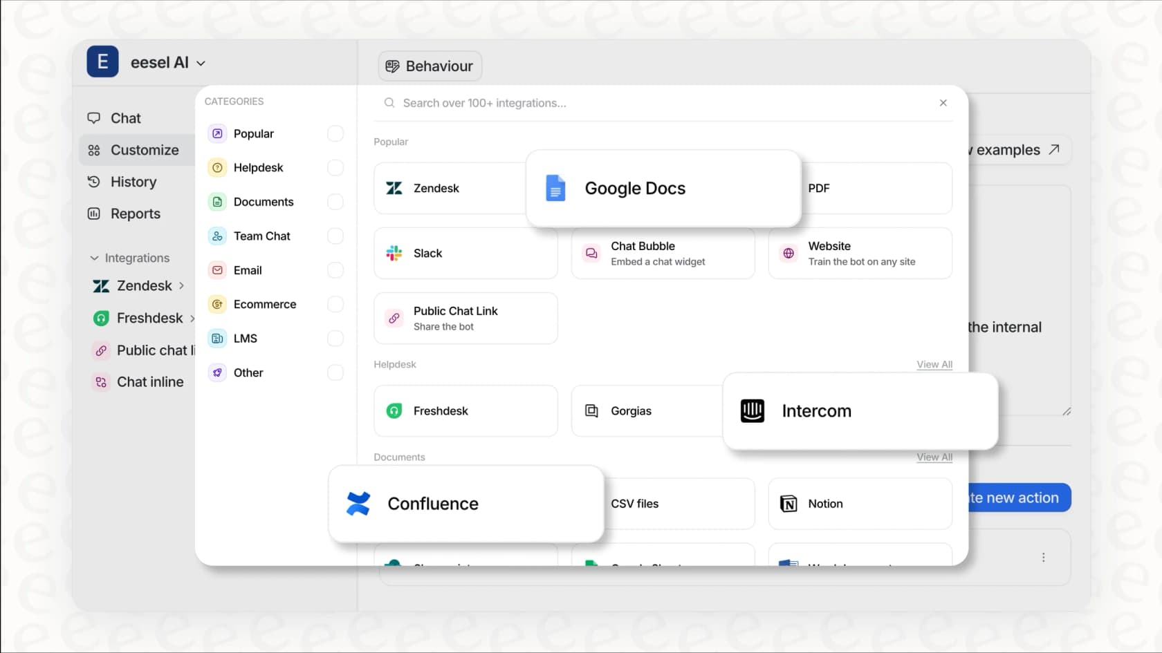 eesel AI dashboard with multiple connected knowledge sources