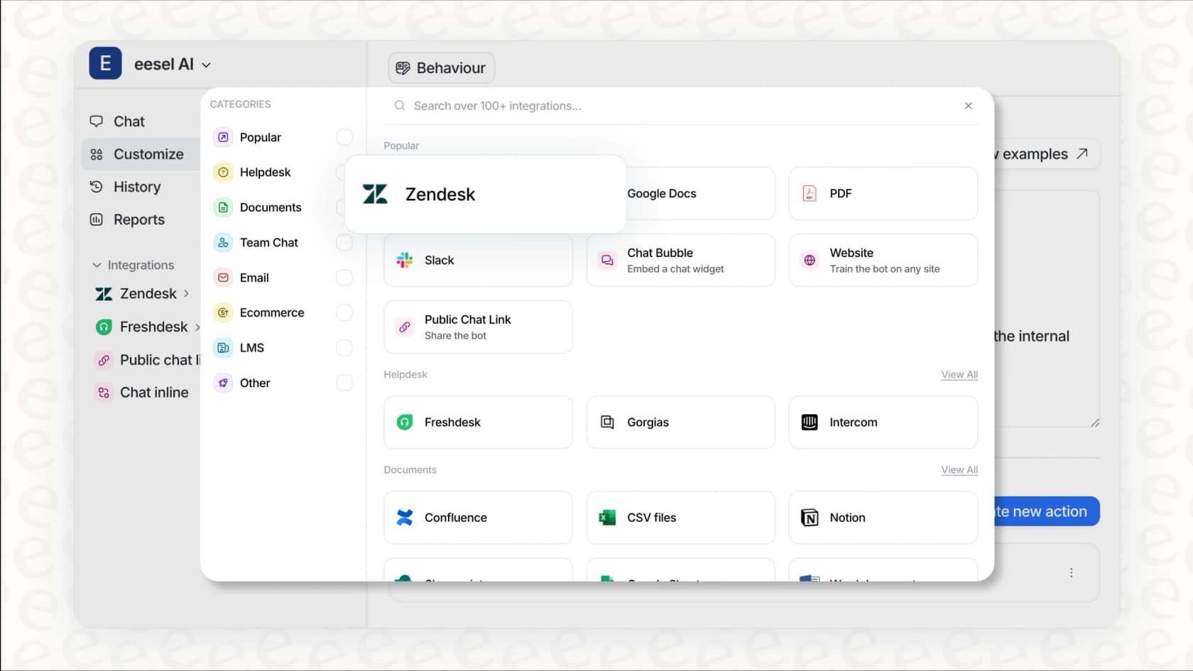A screenshot of the eesel AI integration page, contrasting its simplicity with the complexity of Zendesk Suite pricing and setup.