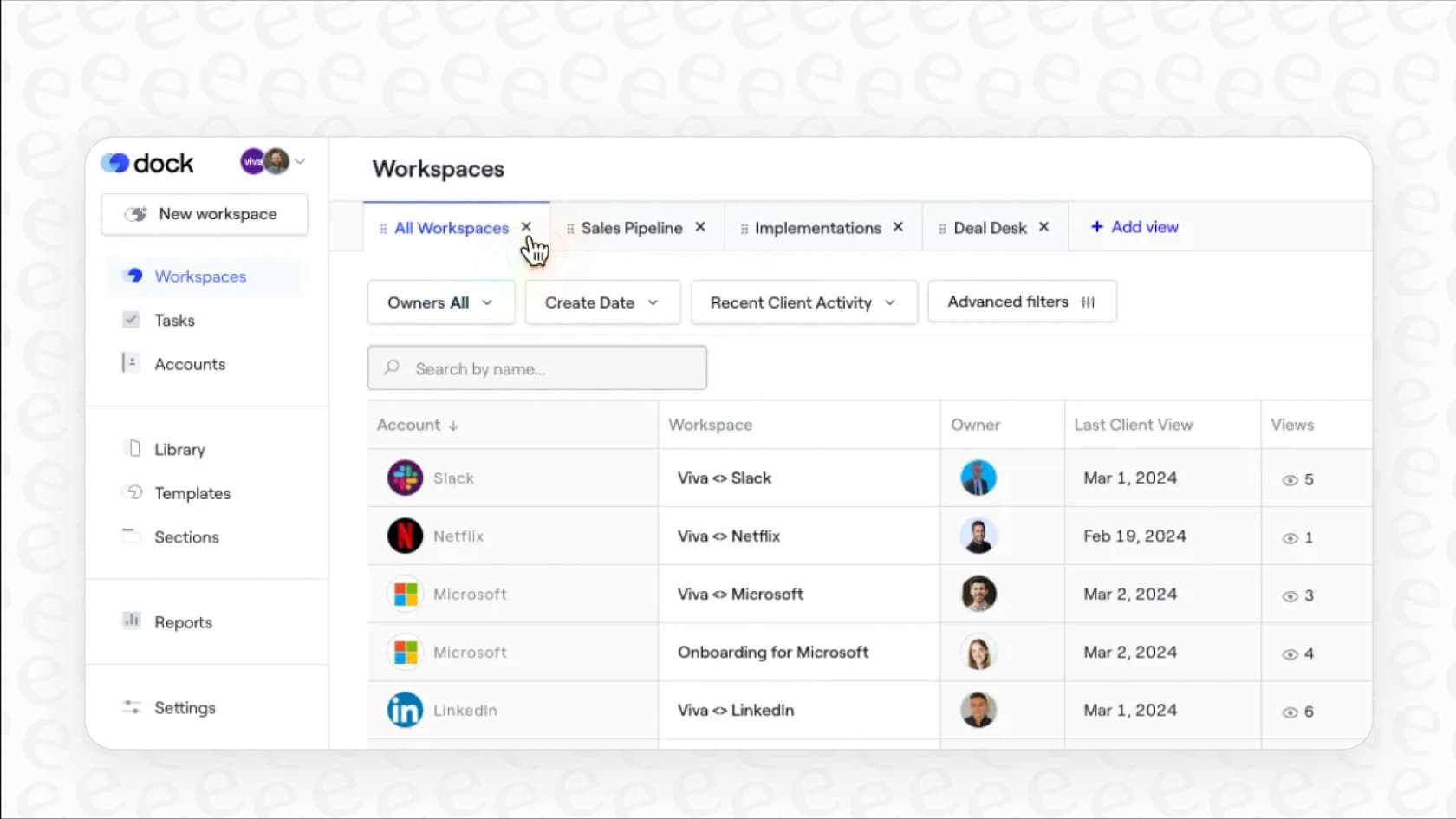 A screenshot of the Dock.us SaaS onboarding software platform, displaying a shared customer portal for high-touch B2B implementation projects.